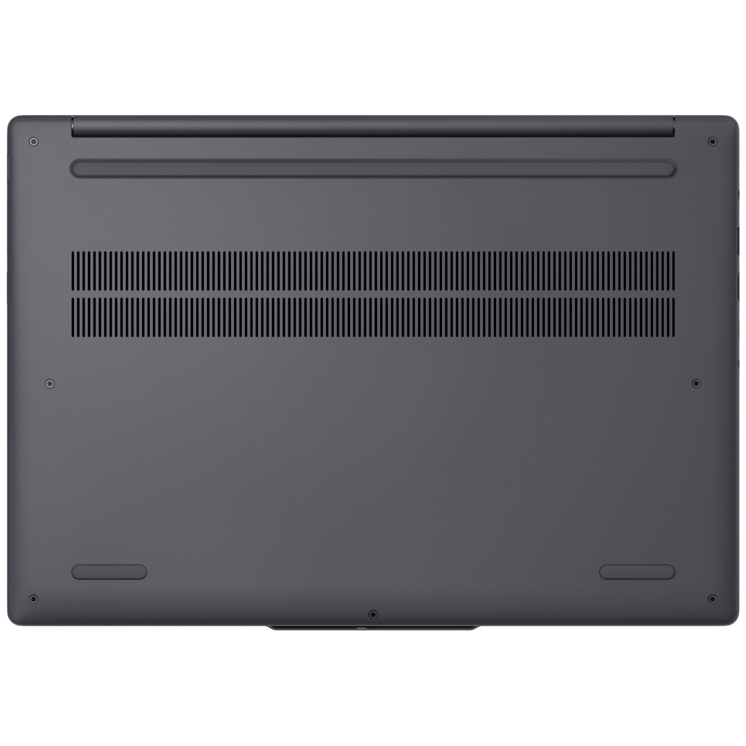 Underside view of a closed dark gray laptop with vents and screw holes.