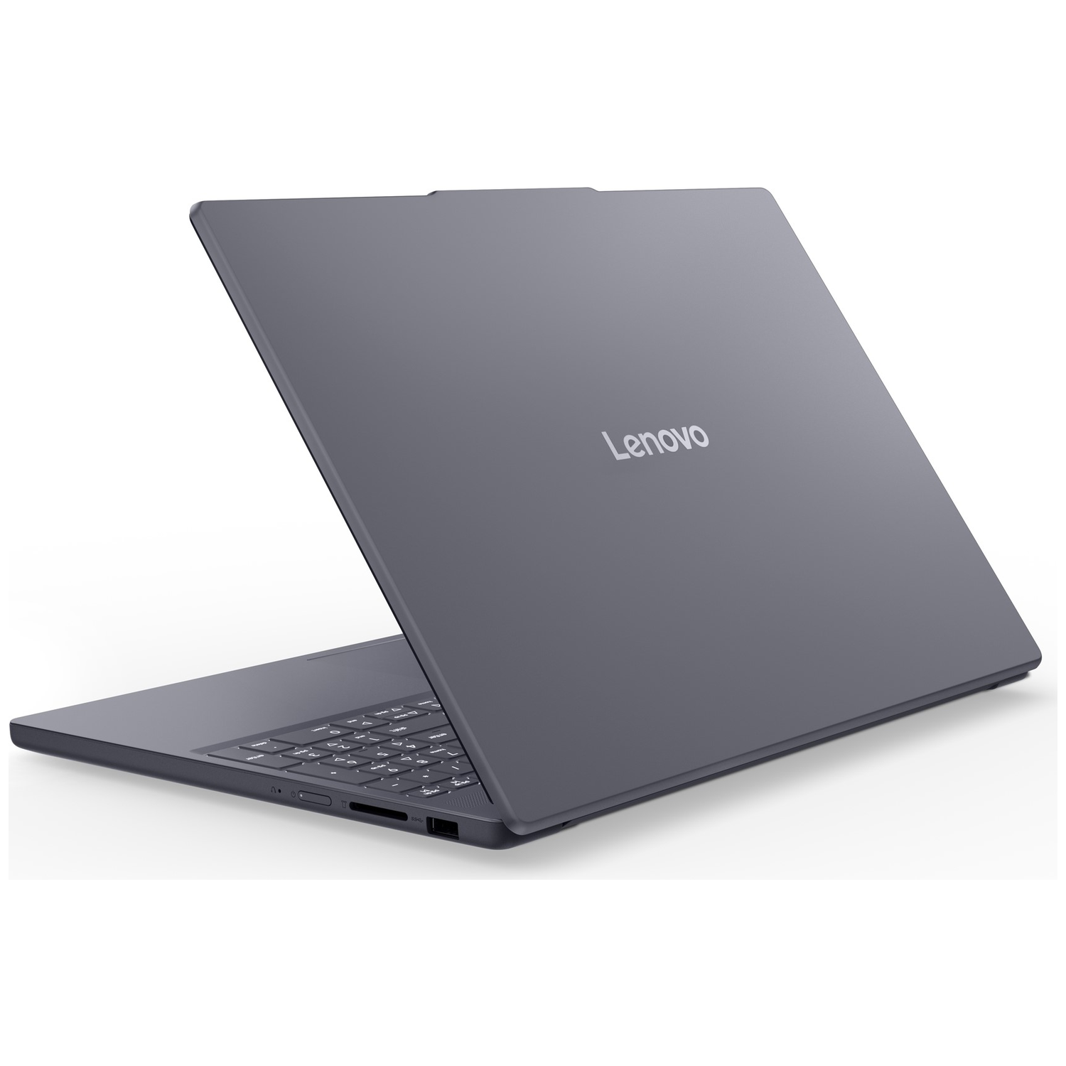 A grey Lenovo laptop is open, showing the keyboard and ports.