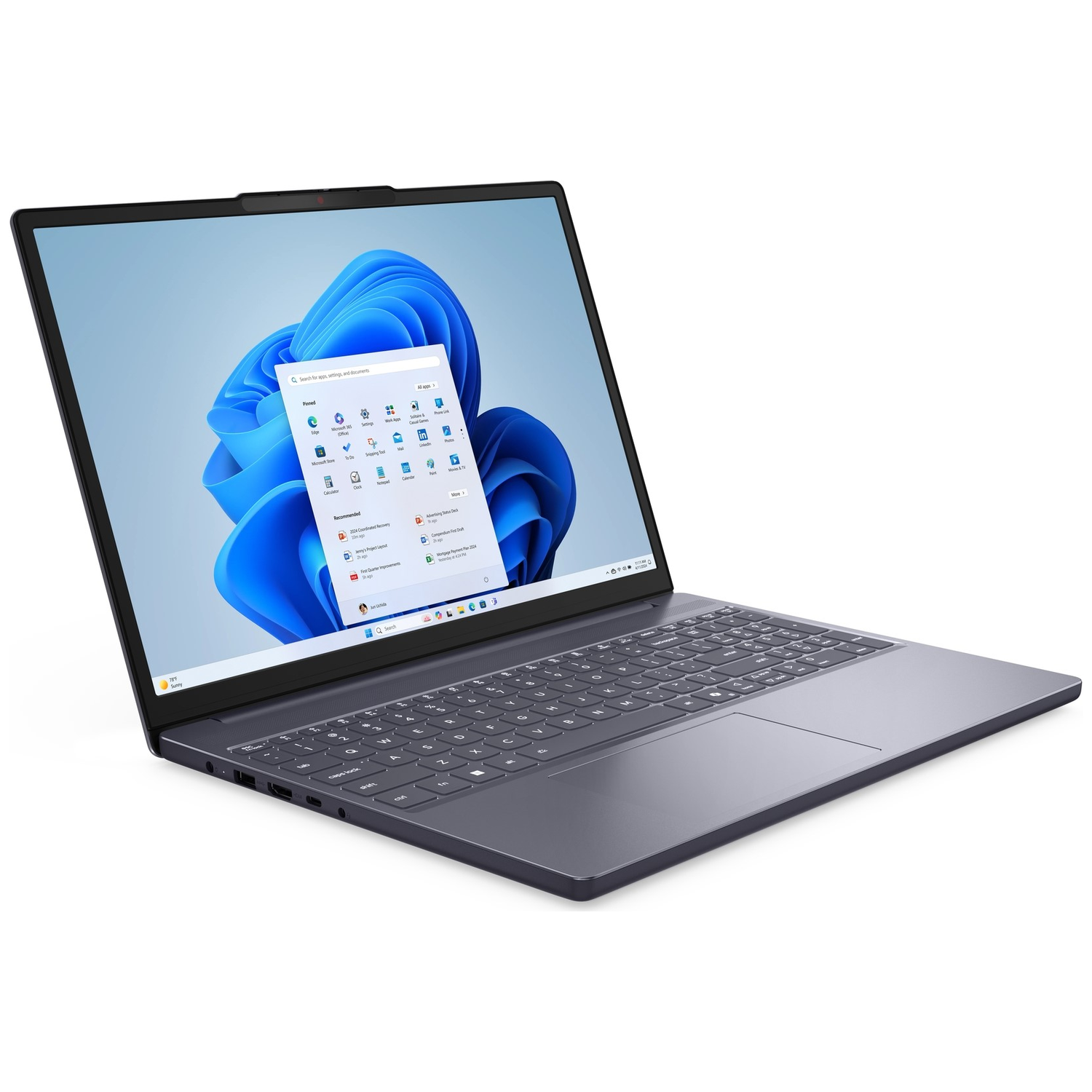 A gray laptop with an open Windows 11 start menu on screen.