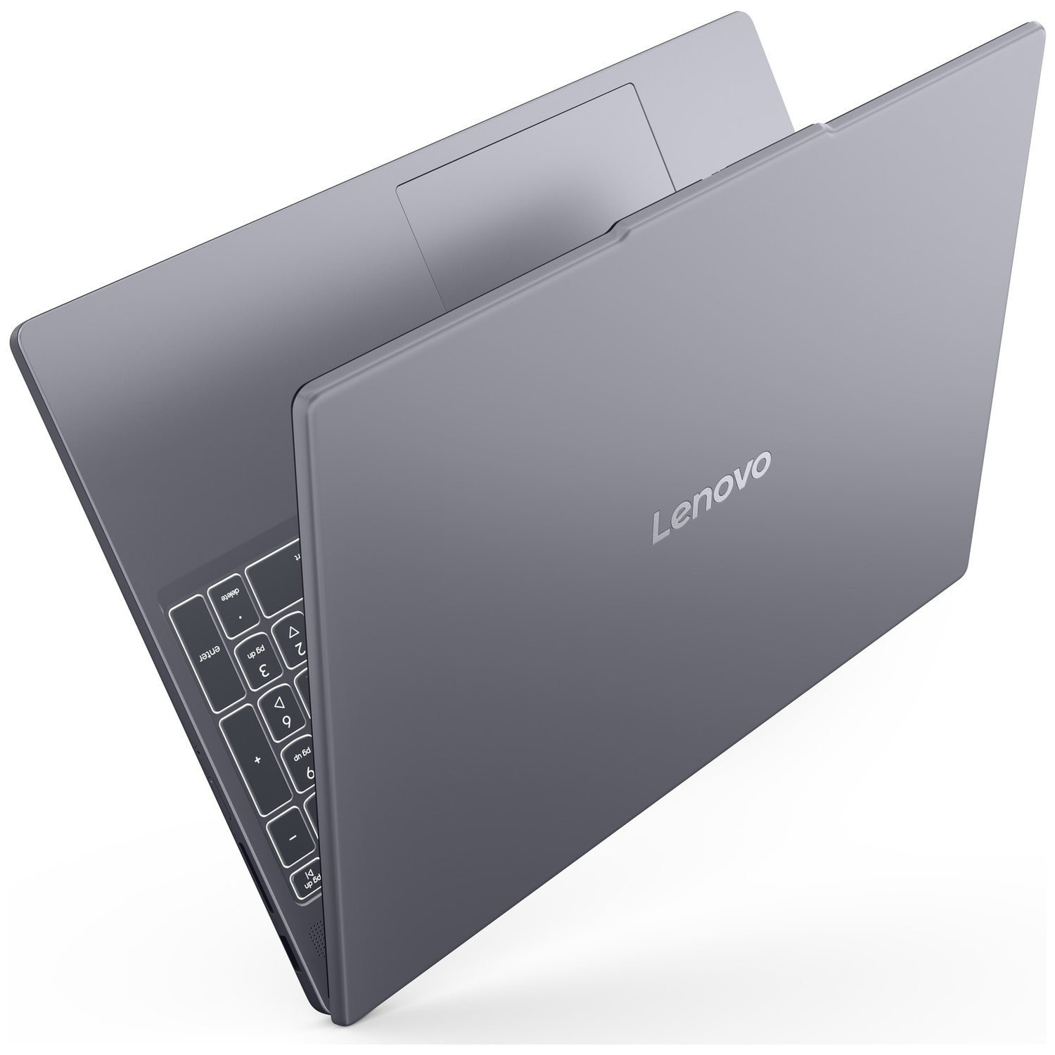 A gray Lenovo laptop is shown from a top-down angle. The keyboard is visible.