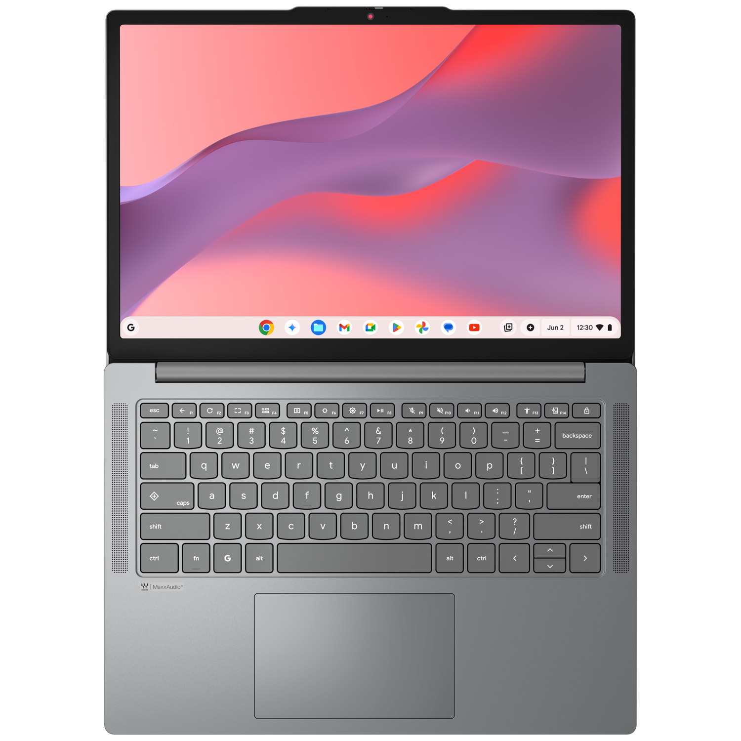 A silver Chromebook laptop is open, showing a colorful wallpaper on the screen and a full keyboard.