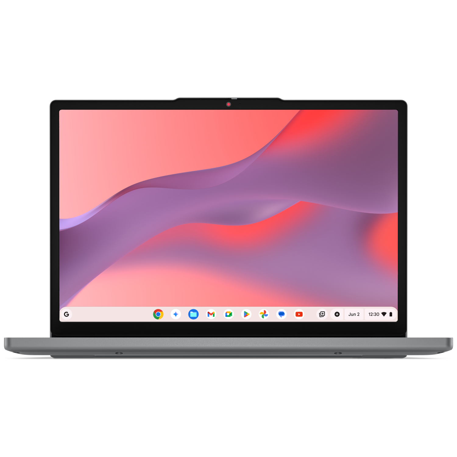 A grey laptop displaying an abstract desktop wallpaper with red and purple waves.