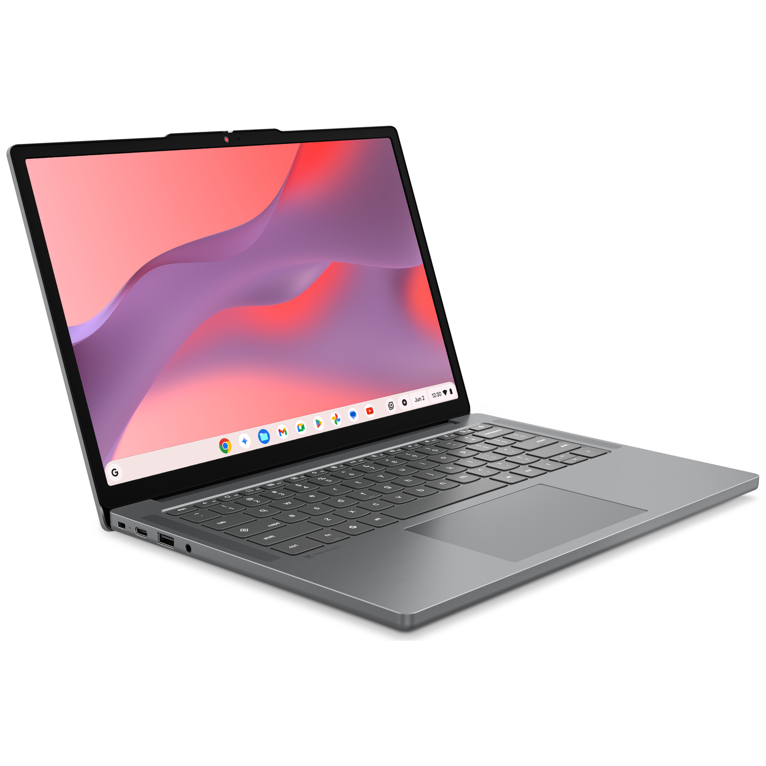 A closed grey laptop displaying a colorful wallpaper.