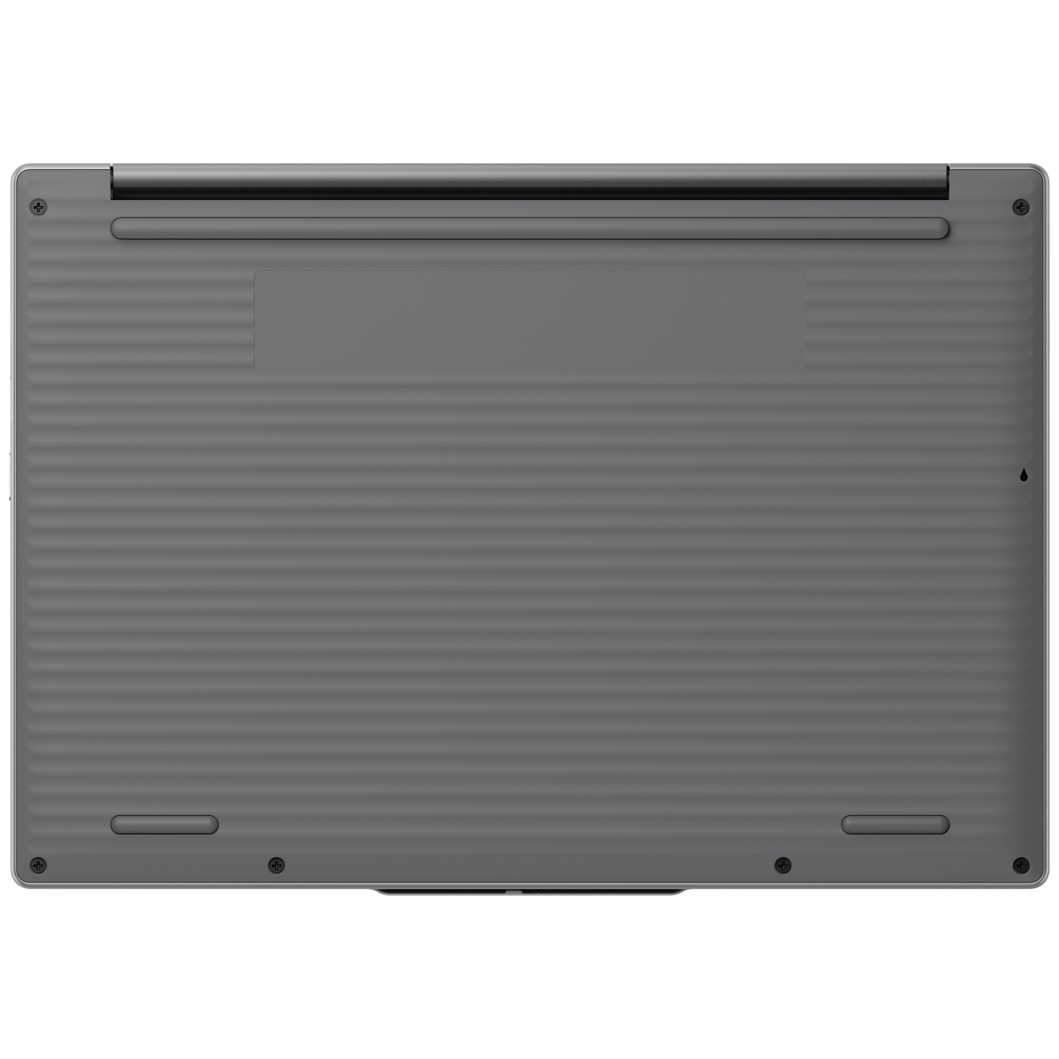 Underside of a gray laptop with a ribbed texture and visible screws.