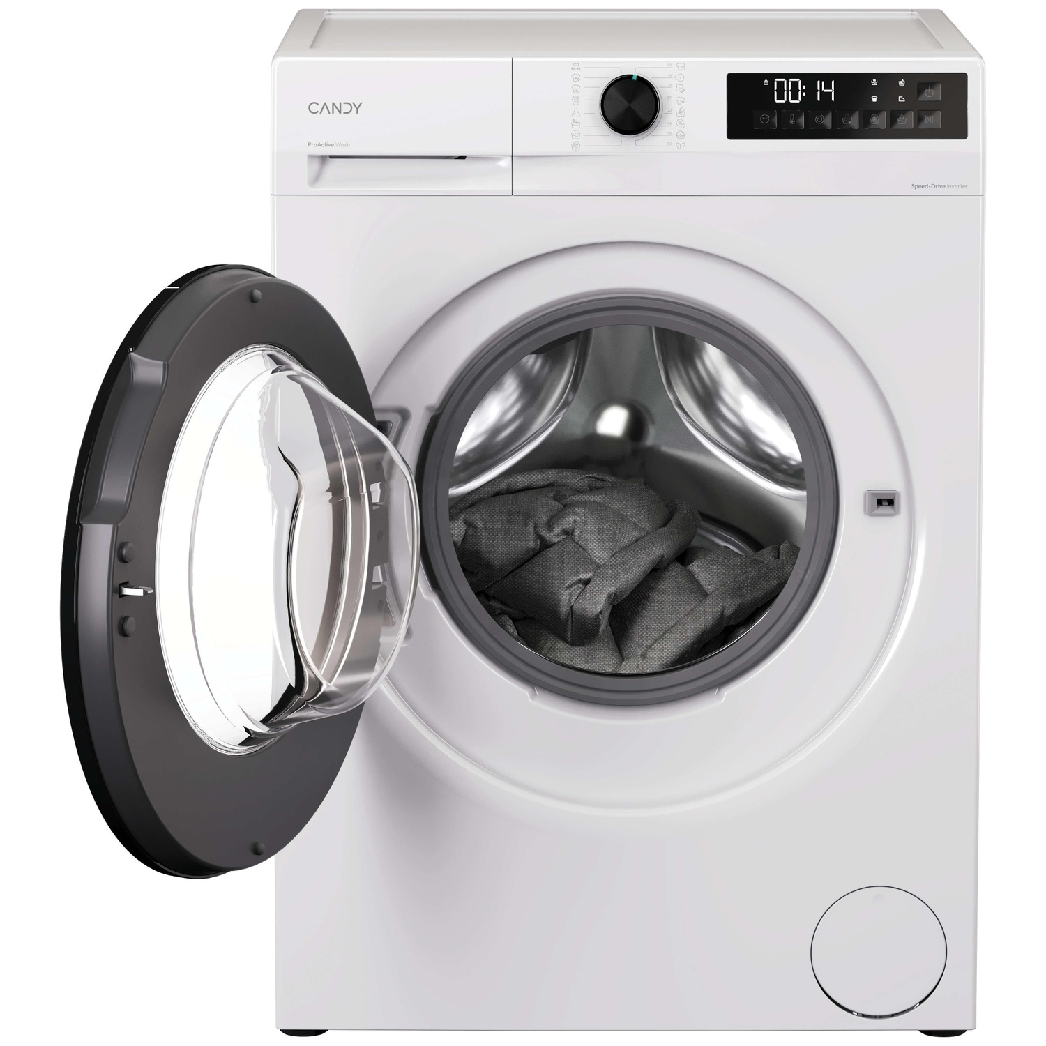 White Candy washing machine with open door, showing gray laundry inside.