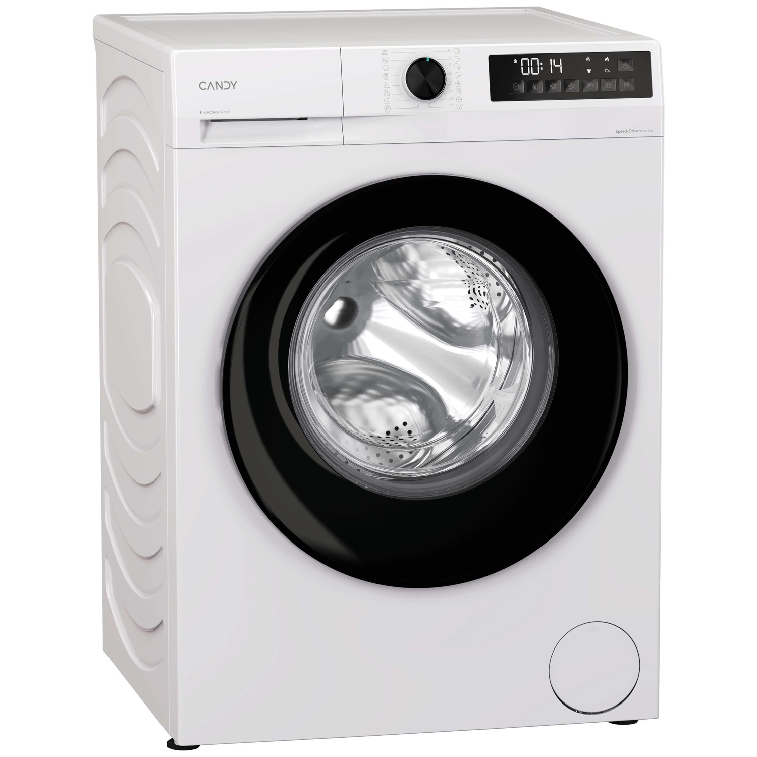 A white Candy washing machine with a black door and digital display.
