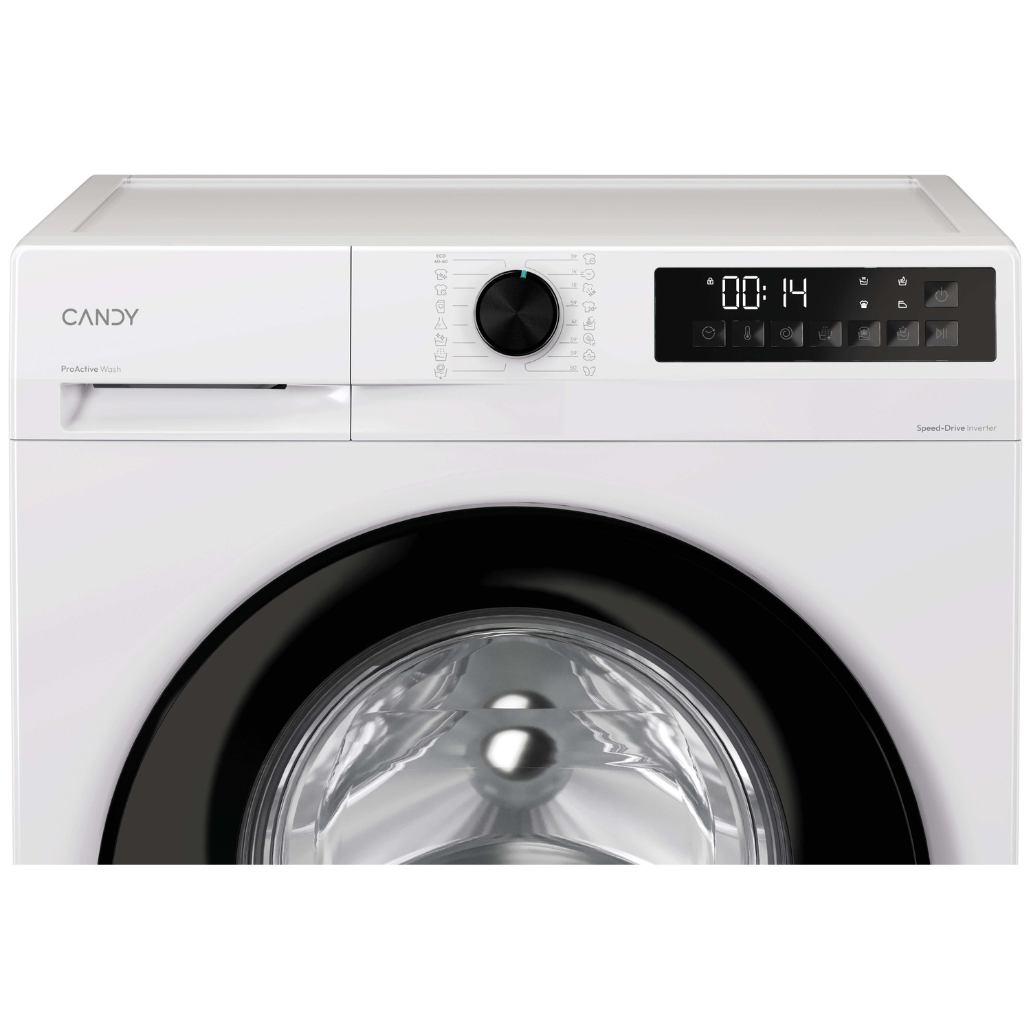 White Candy washing machine with black door and digital display.