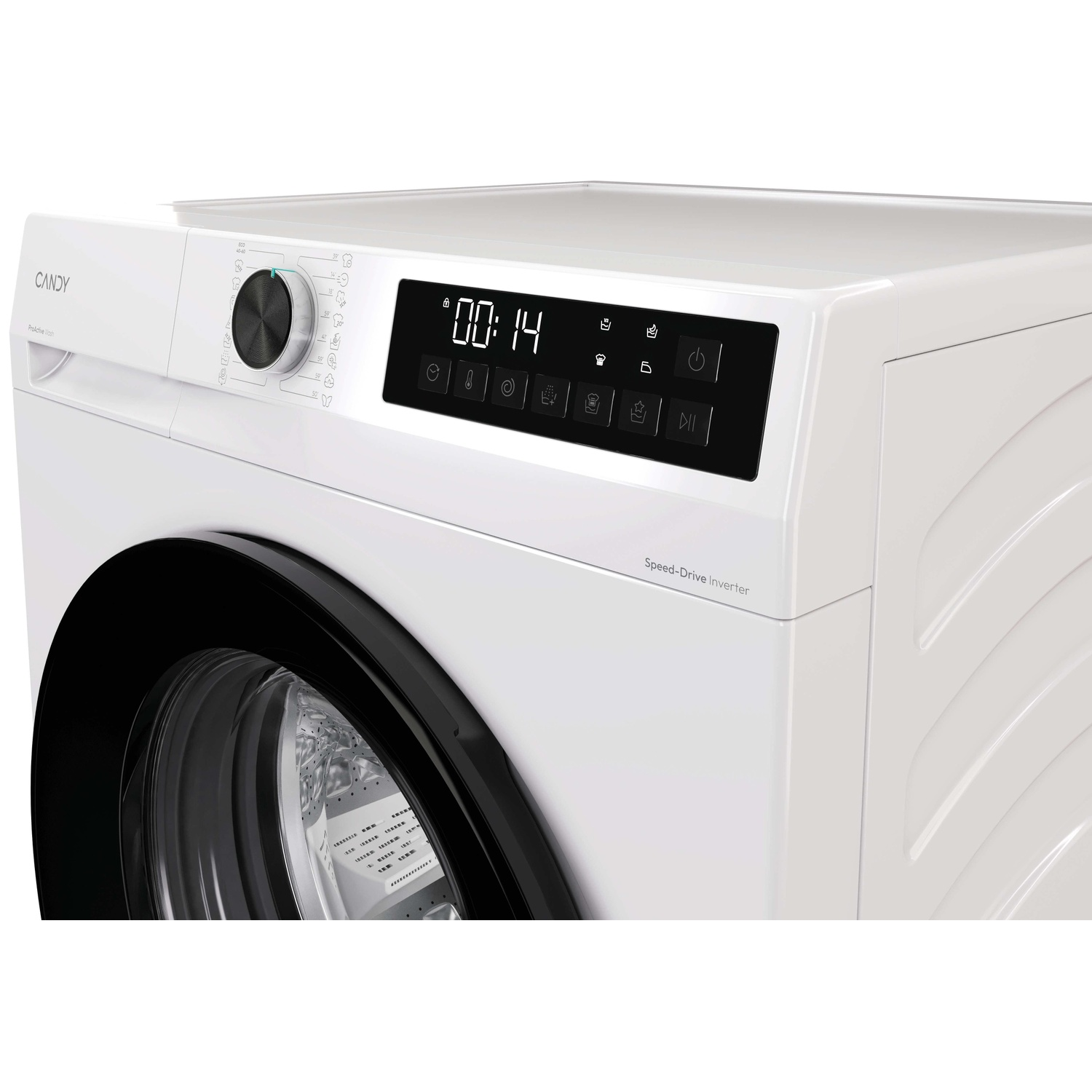 A white Candy washing machine with a black door and digital display.