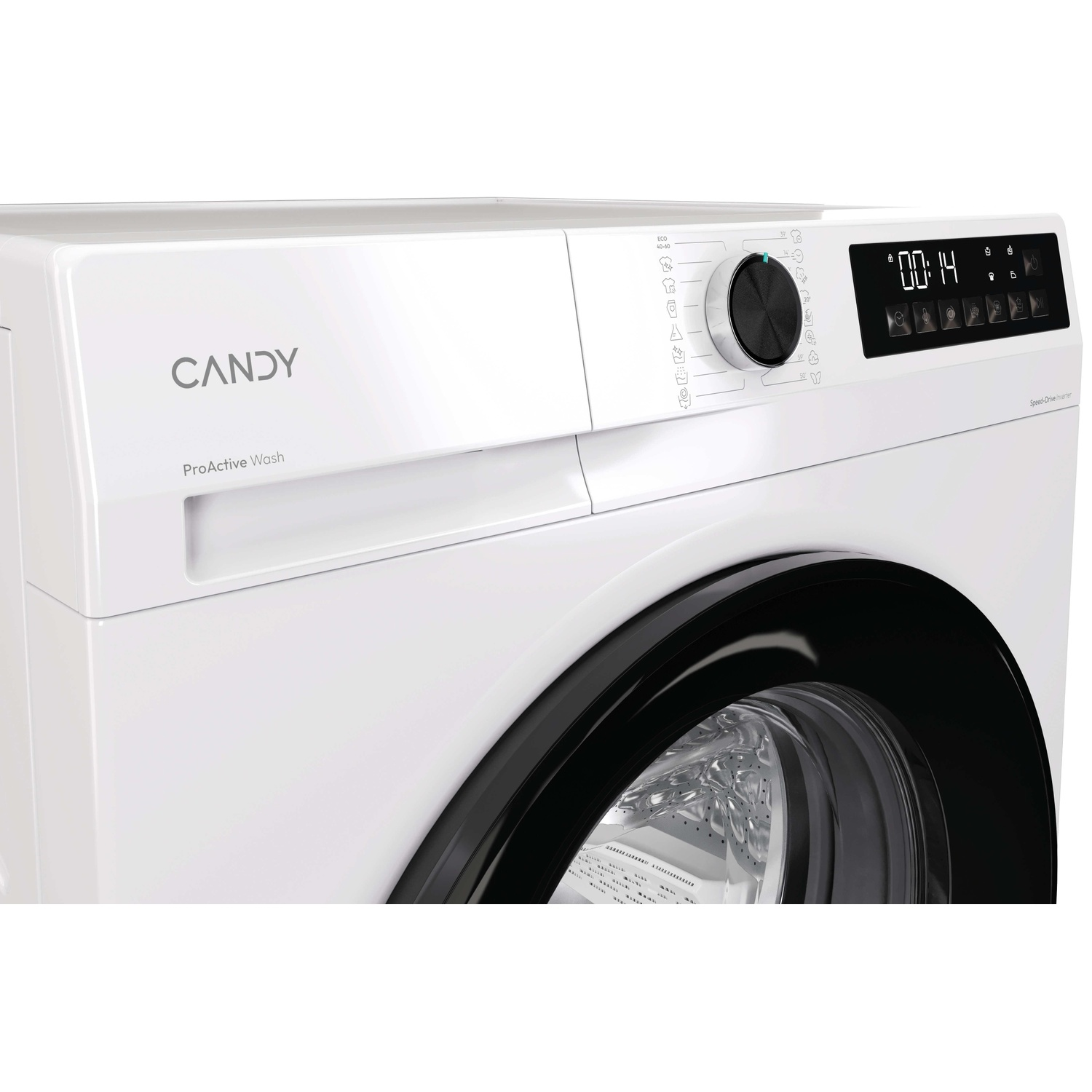 Close-up of a white Candy washing machine with a black door and control panel.
