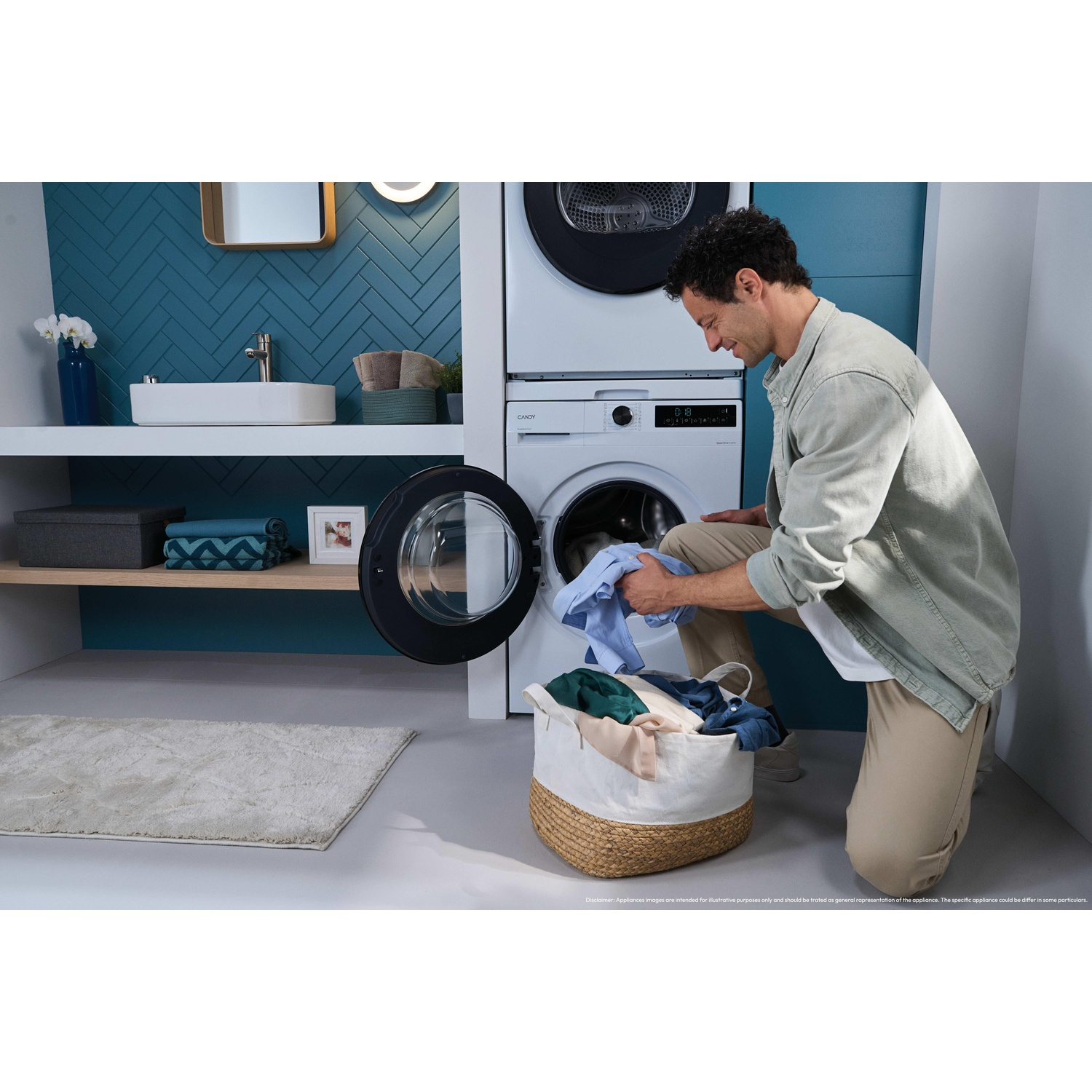 Man loading laundry into a washing machine, next to a stacked dryer.