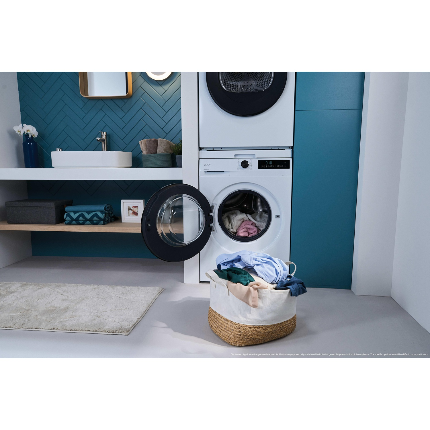 A bathroom with a washing machine, laundry basket, and sink.