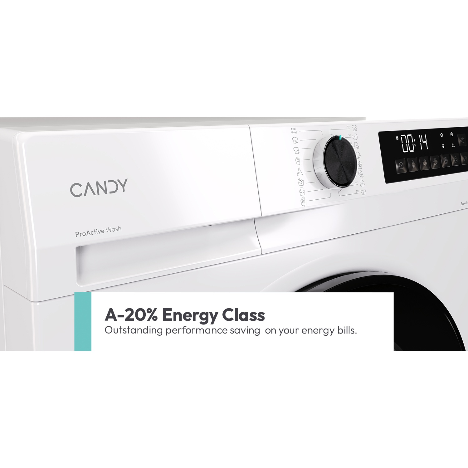 White washing machine with Candy logo, ProActive Wash and A-20% energy class.