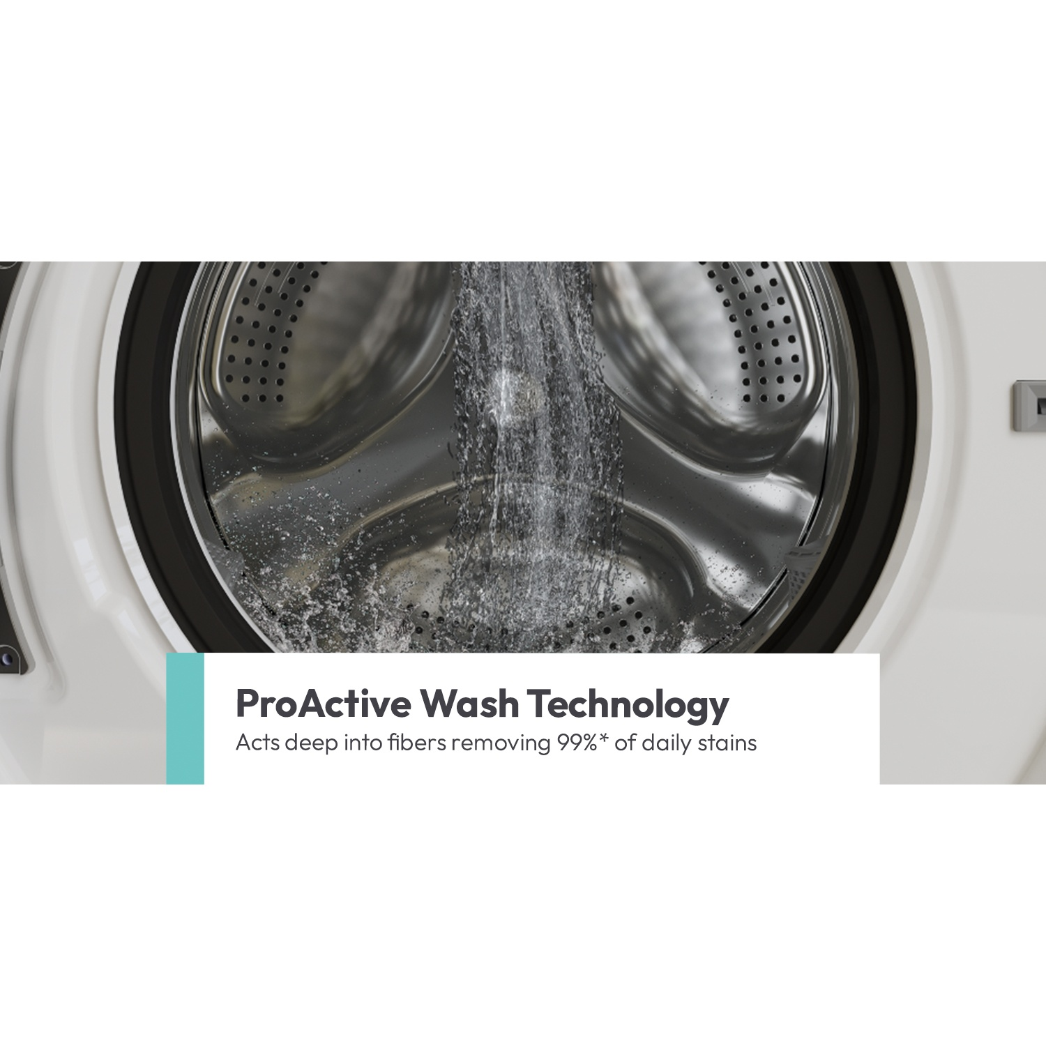Water flows into the drum of a white washing machine. ProActive Wash Technology.
