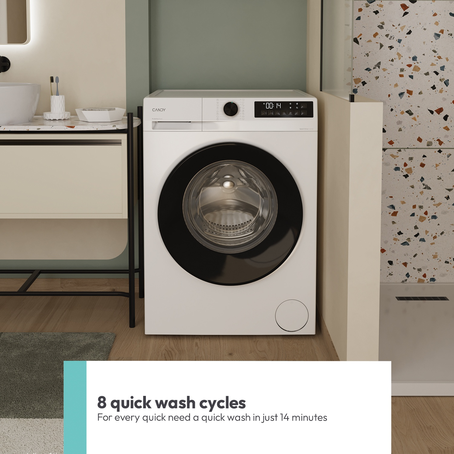 A white washing machine sits in a modern bathroom next to a sink.