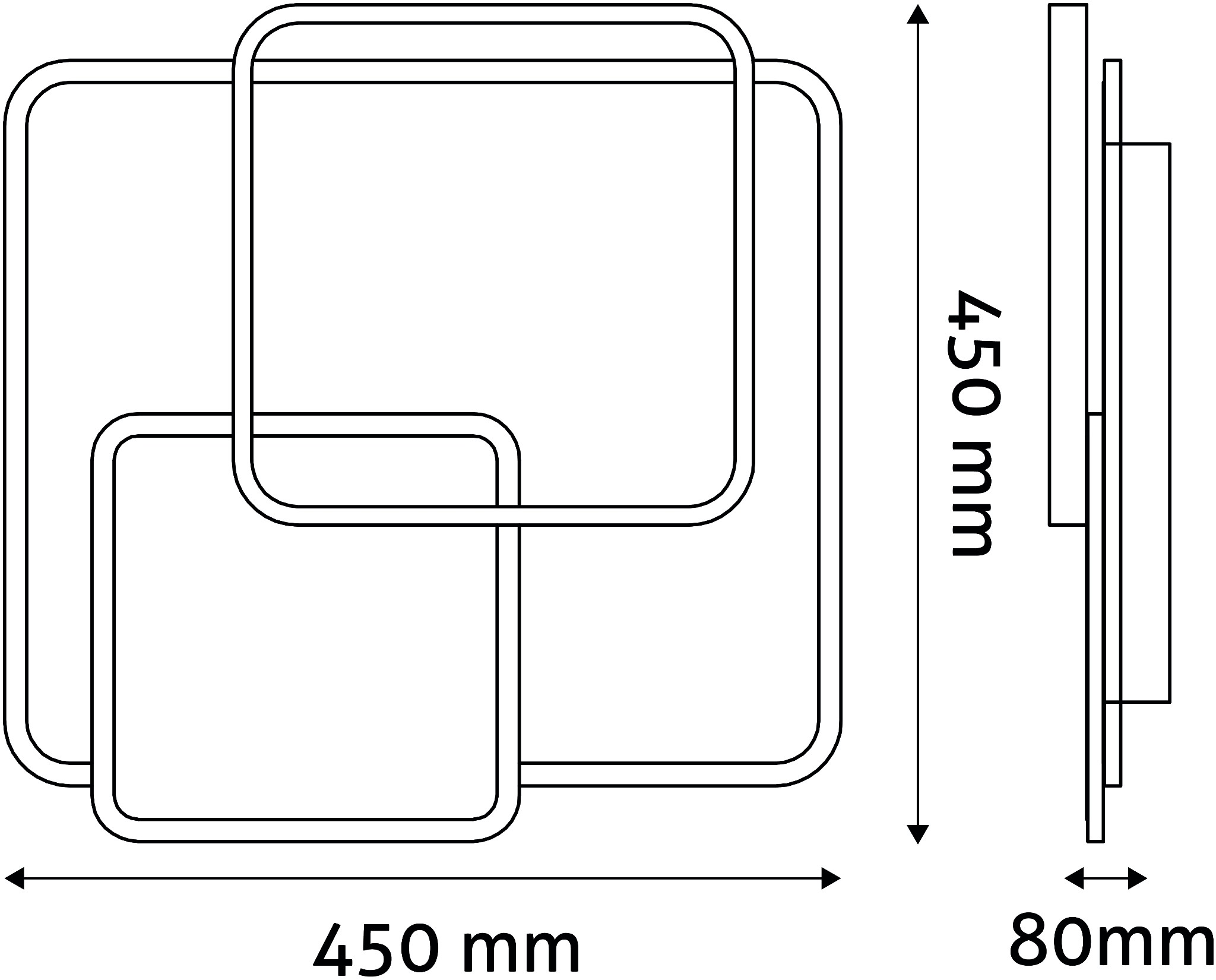 Műszaki rajz: két összefonódó négyzet, 450mm széles, 450mm magas, 80mm mély.