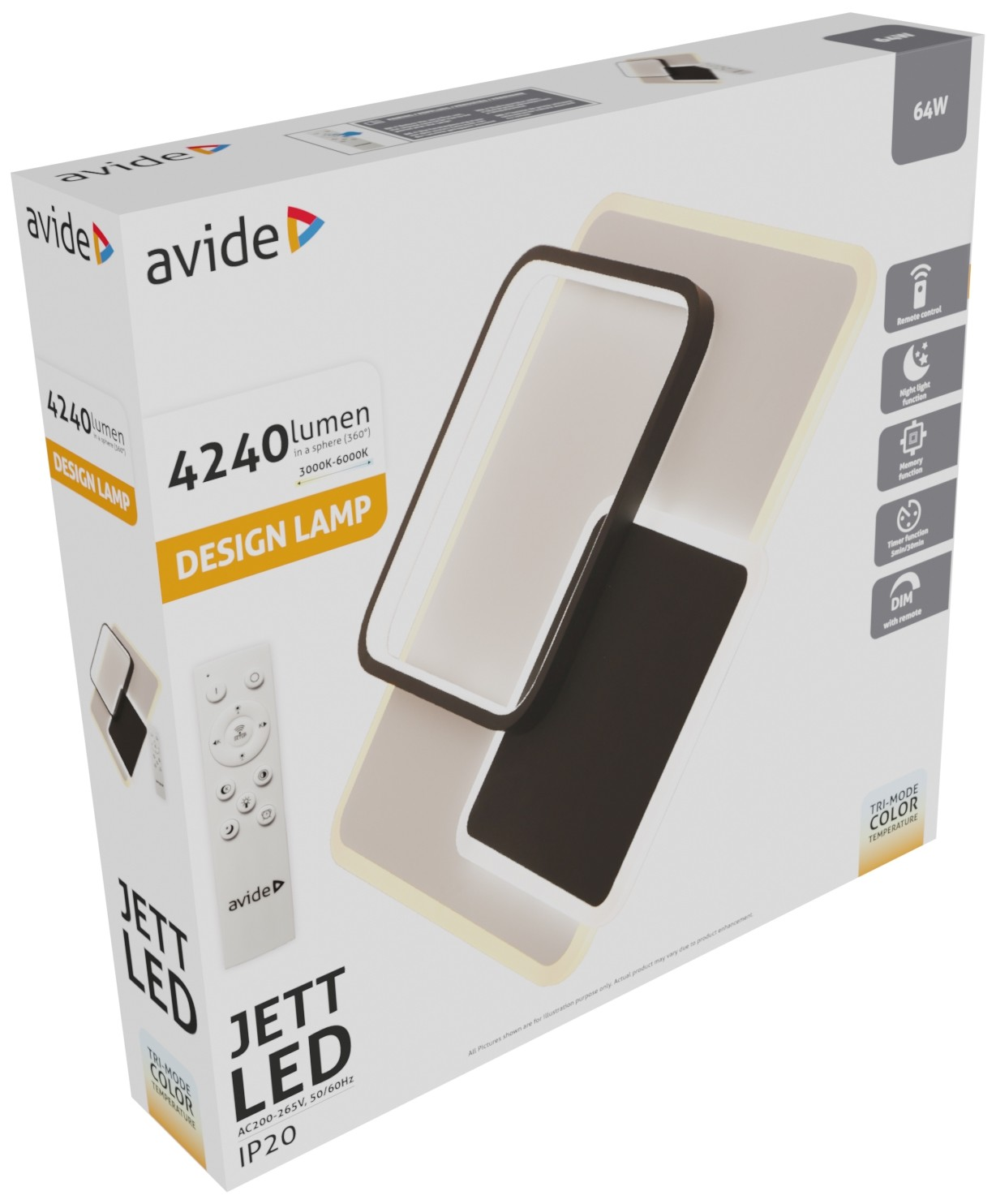Mennyezeti lámpa csomagolása távirányítóval, 4240 lumen, 64W.