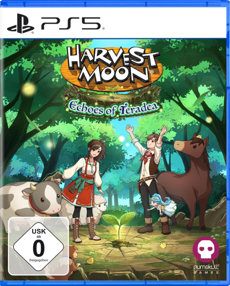 Harvest Moon: Echoes of Teradea PS5-Spielhülle mit Charakteren, Bauernhoftieren und Laub.