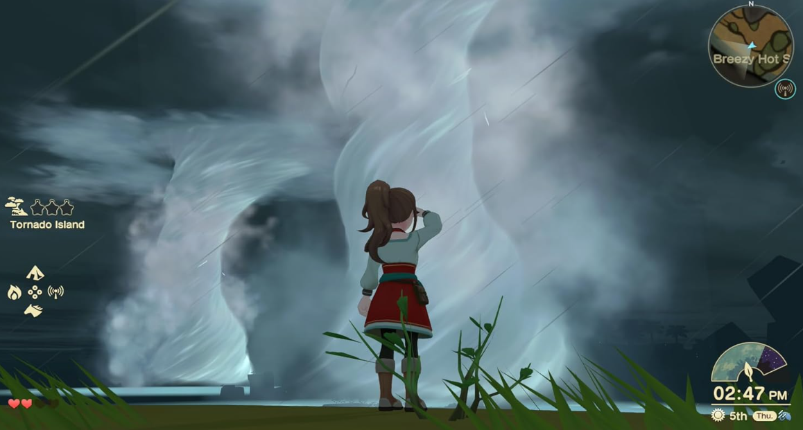 Eine Person steht vor großen Tornados. Die Benutzeroberfläche zeigt Tornado Island.