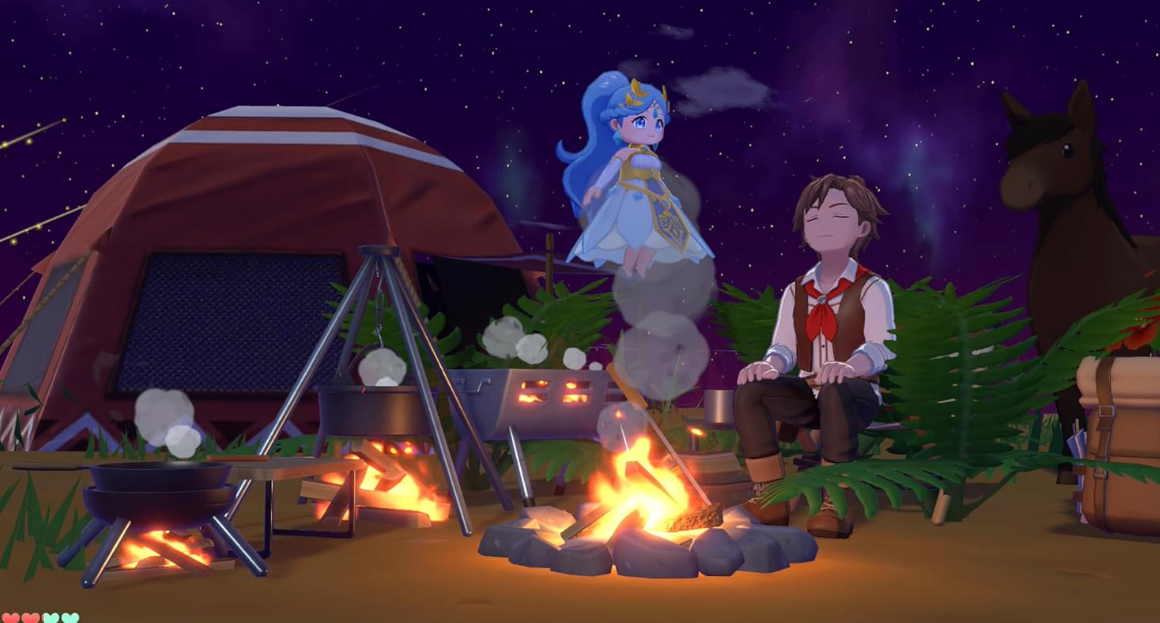 Nachtcamping: Mann, Fee, Pferd, Zelt und Lagerfeuer unter Sternenhimmel.