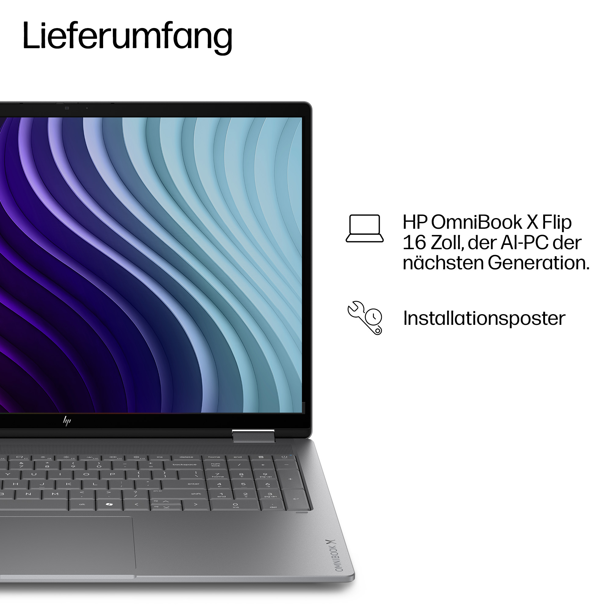 Ein geöffneter Laptop mit Wellenmuster auf dem Bildschirm und Text.