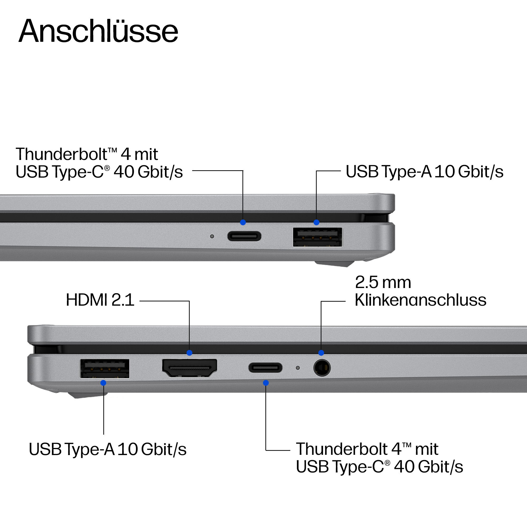 Anschlüsse: Thunderbolt 4, USB-A, USB-C, HDMI 2.1 und Kopfhöreranschluss.