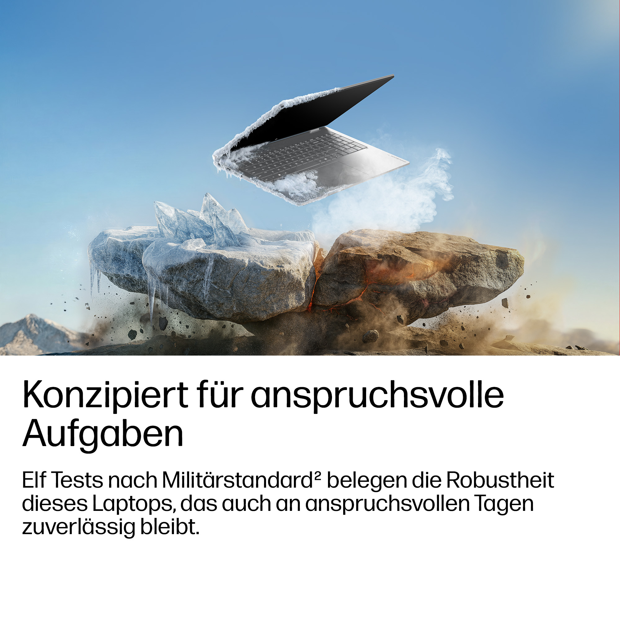 Ein Laptop fliegt durch die Luft, umgeben von Eis und Feuer.