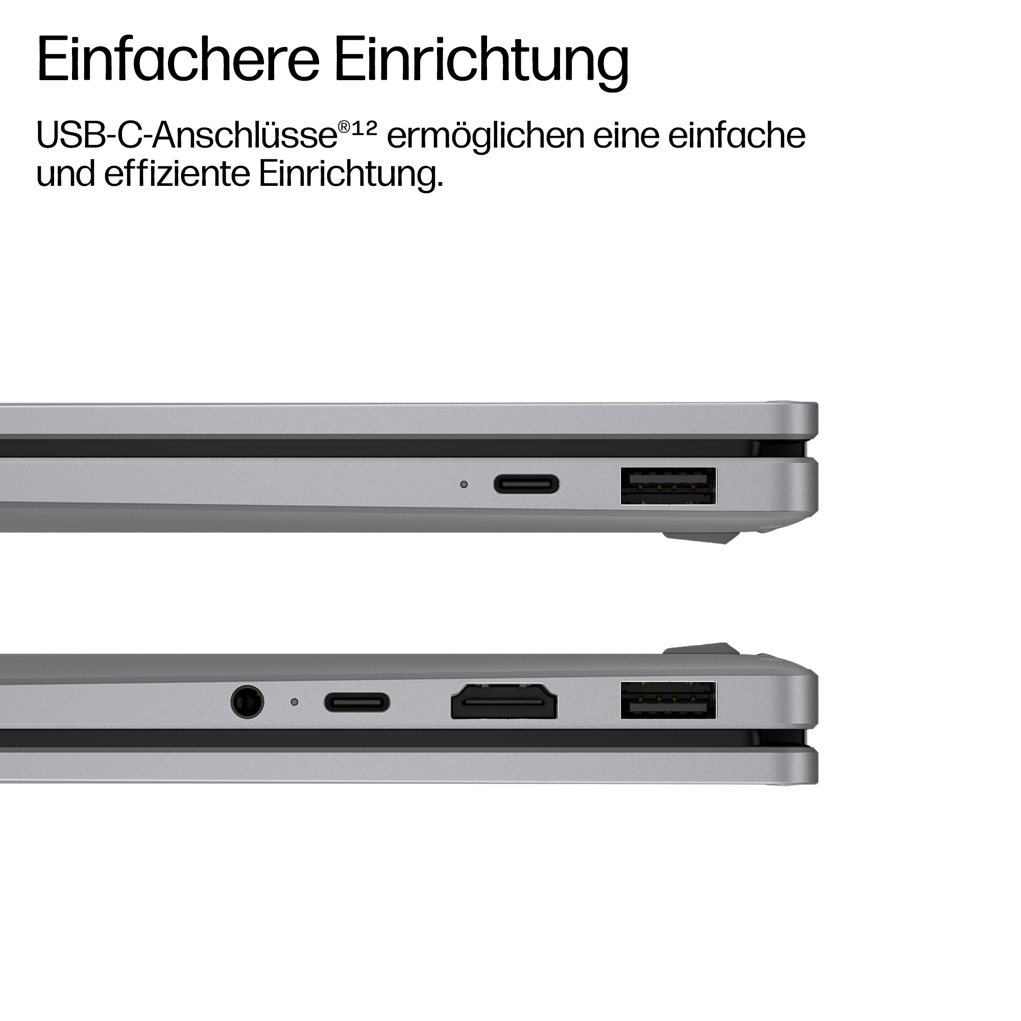 Nahaufnahme von Laptop-Anschlüssen: USB-C, HDMI und USB-A.