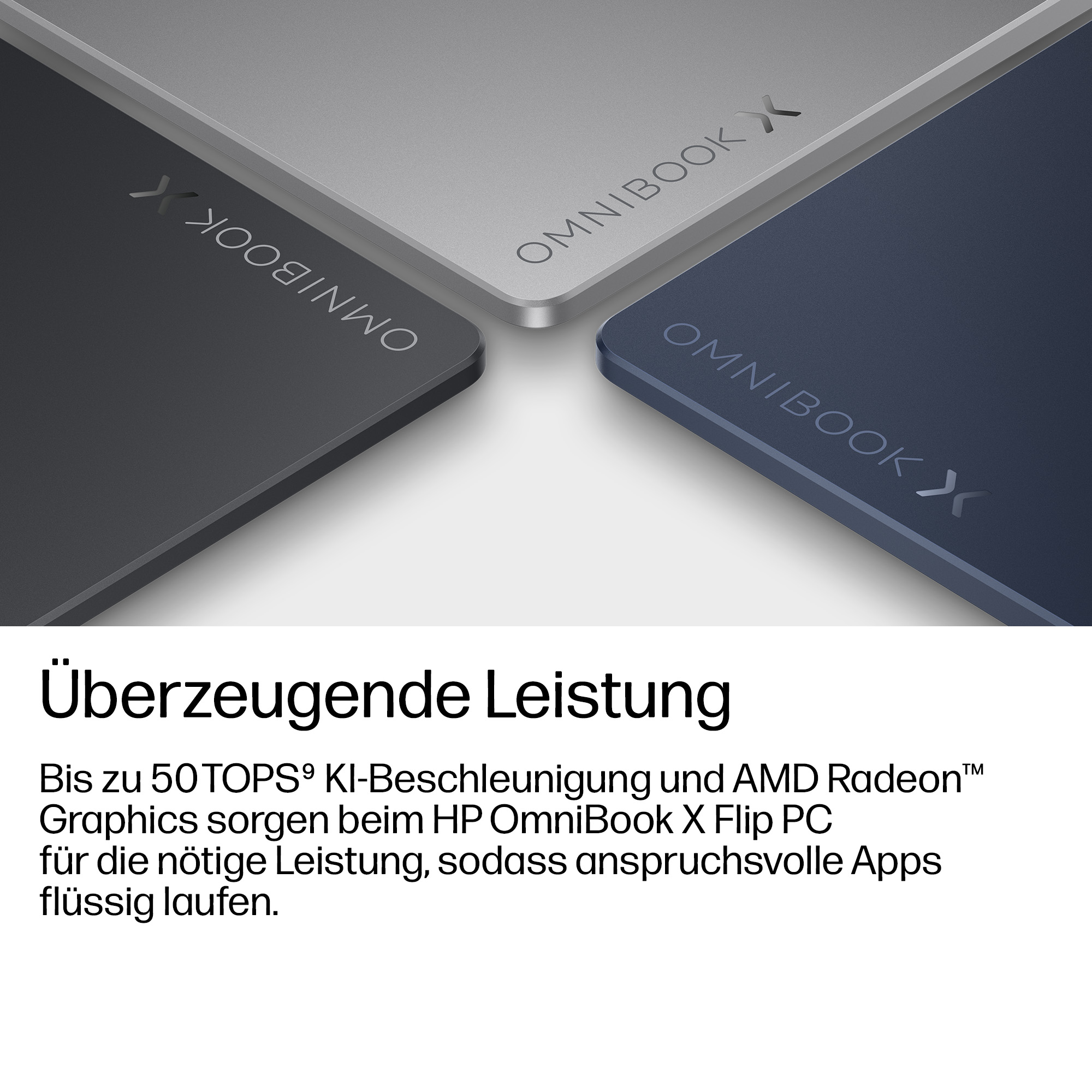 Drei HP OmniBook X Laptops in Grau, Dunkelgrau und Dunkelblau.