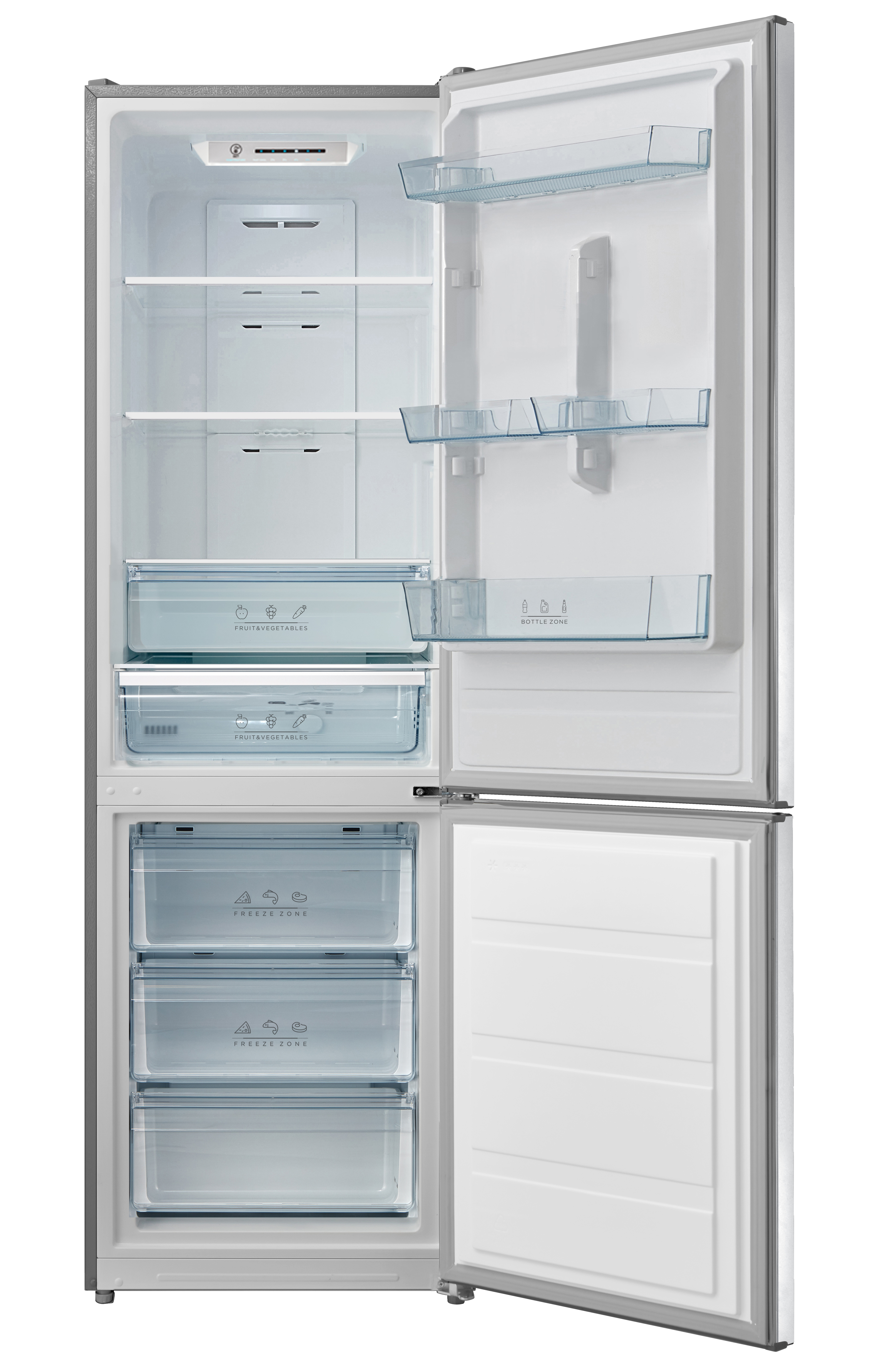Ein leerer, offener Kühlschrank mit mehreren Glasböden und Schubladen.
