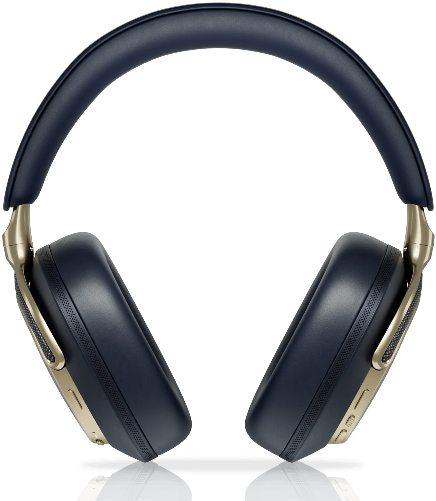 Granatowe słuchawki ze złotymi akcentami, na białym tle.