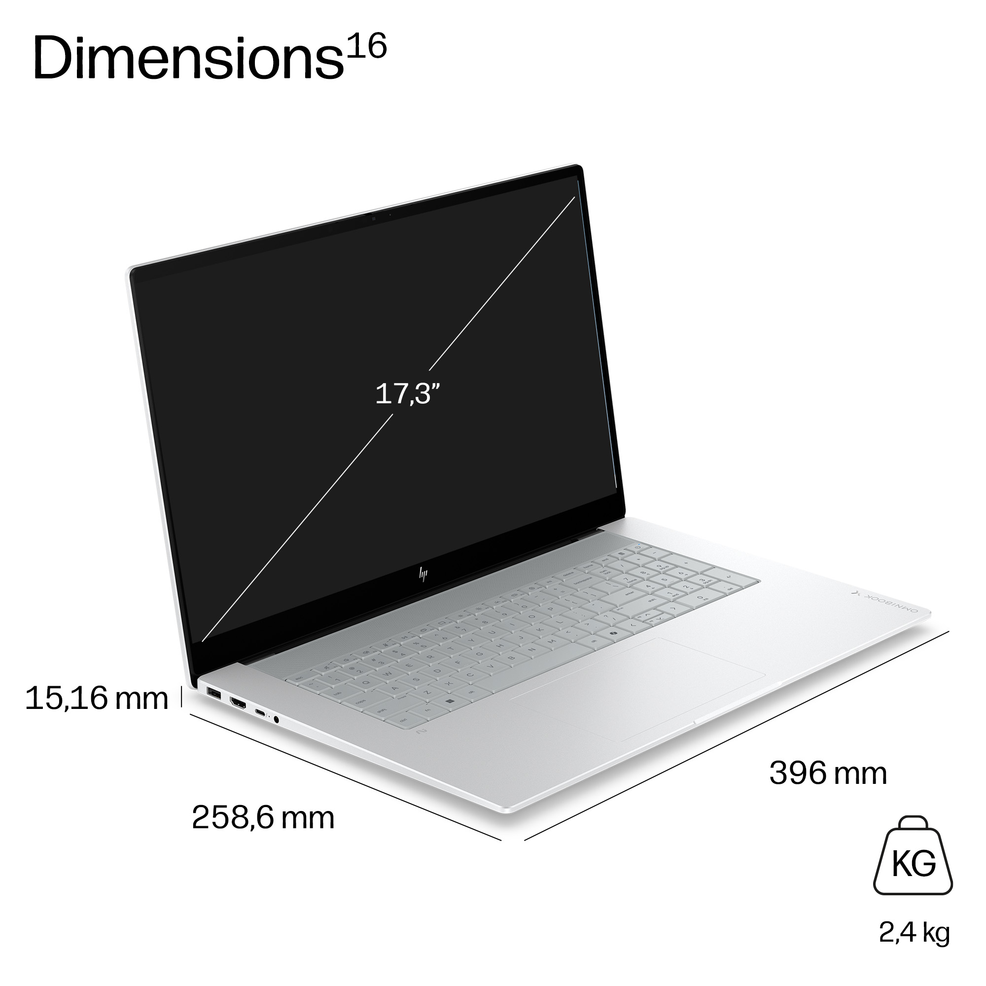 Ein heller Laptop mit 17,3-Zoll-Bildschirm, Maßen 396x258,6x15,16 mm und 2,4 kg.