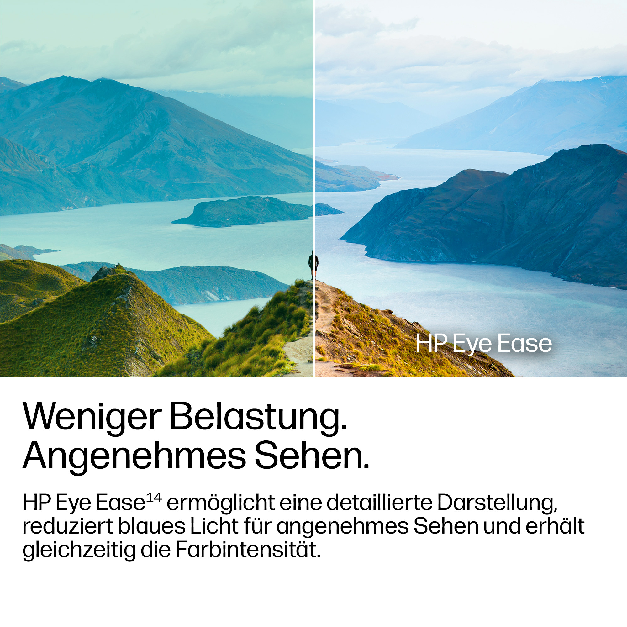 Vergleich zweier Ansichten einer Berglandschaft mit einem See und einem Wanderer.