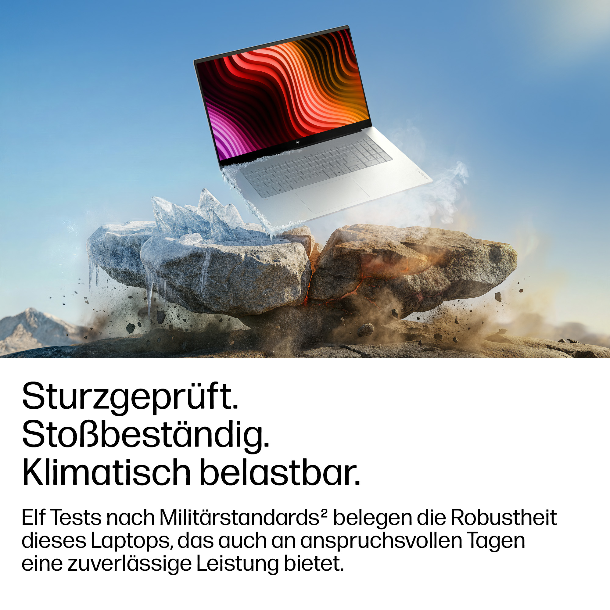 Laptop stürzt von Felsen, umgeben von Eis und Staub.