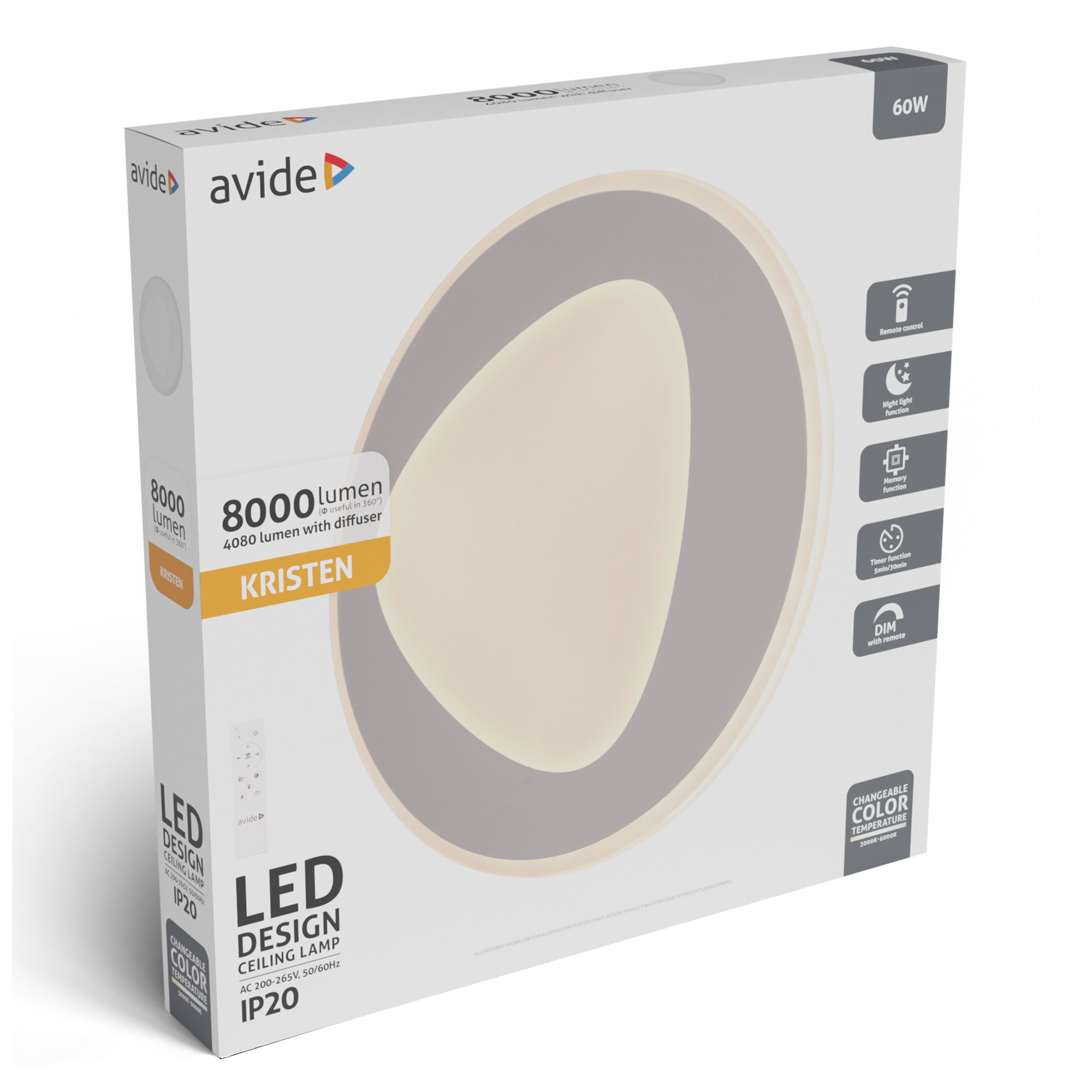 60W, 8000 lumenes mennyezeti lámpa csomagolása, kör alakú dizájnnal.