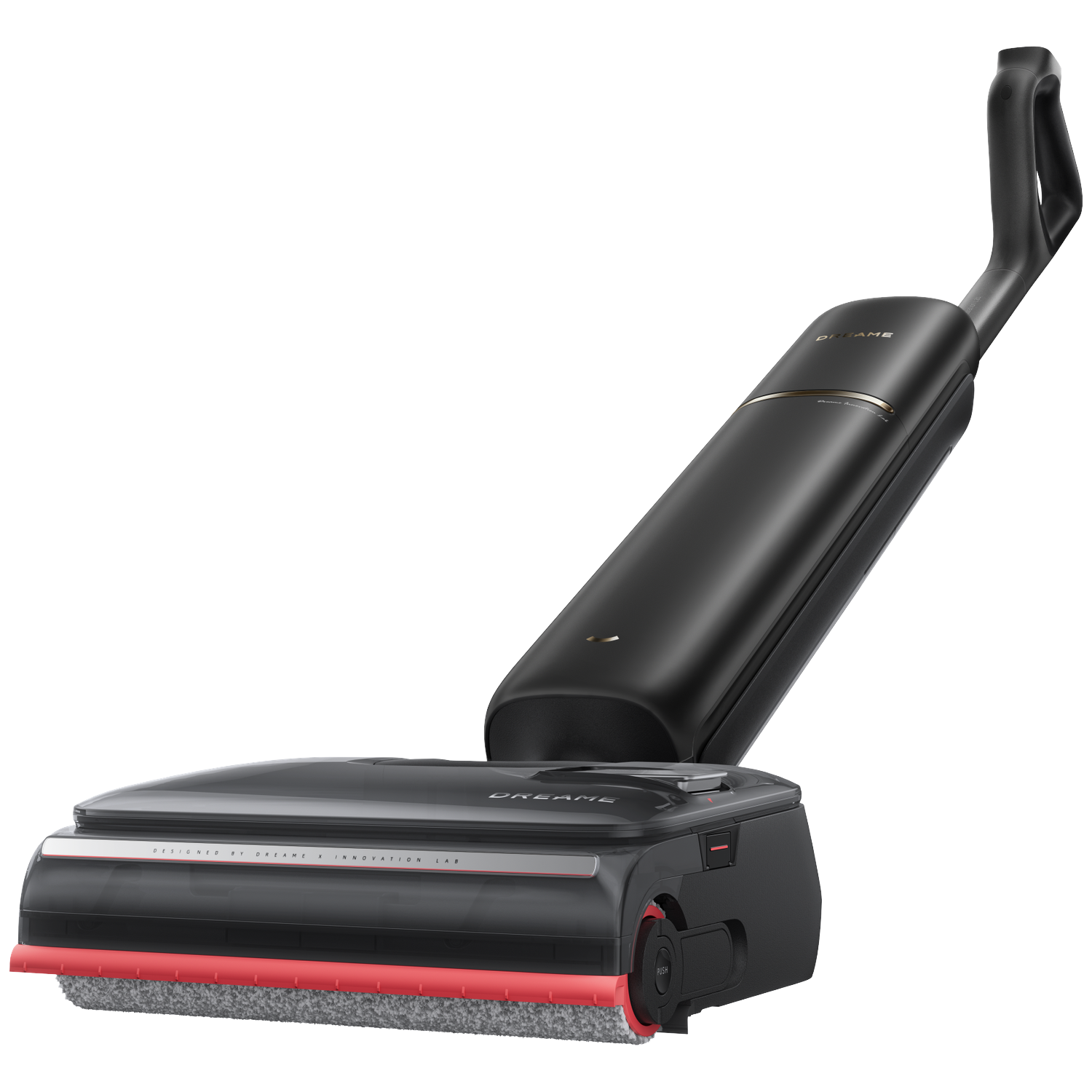 A sleek, black cordless vacuum cleaner with a red trim and a built-in mop head.