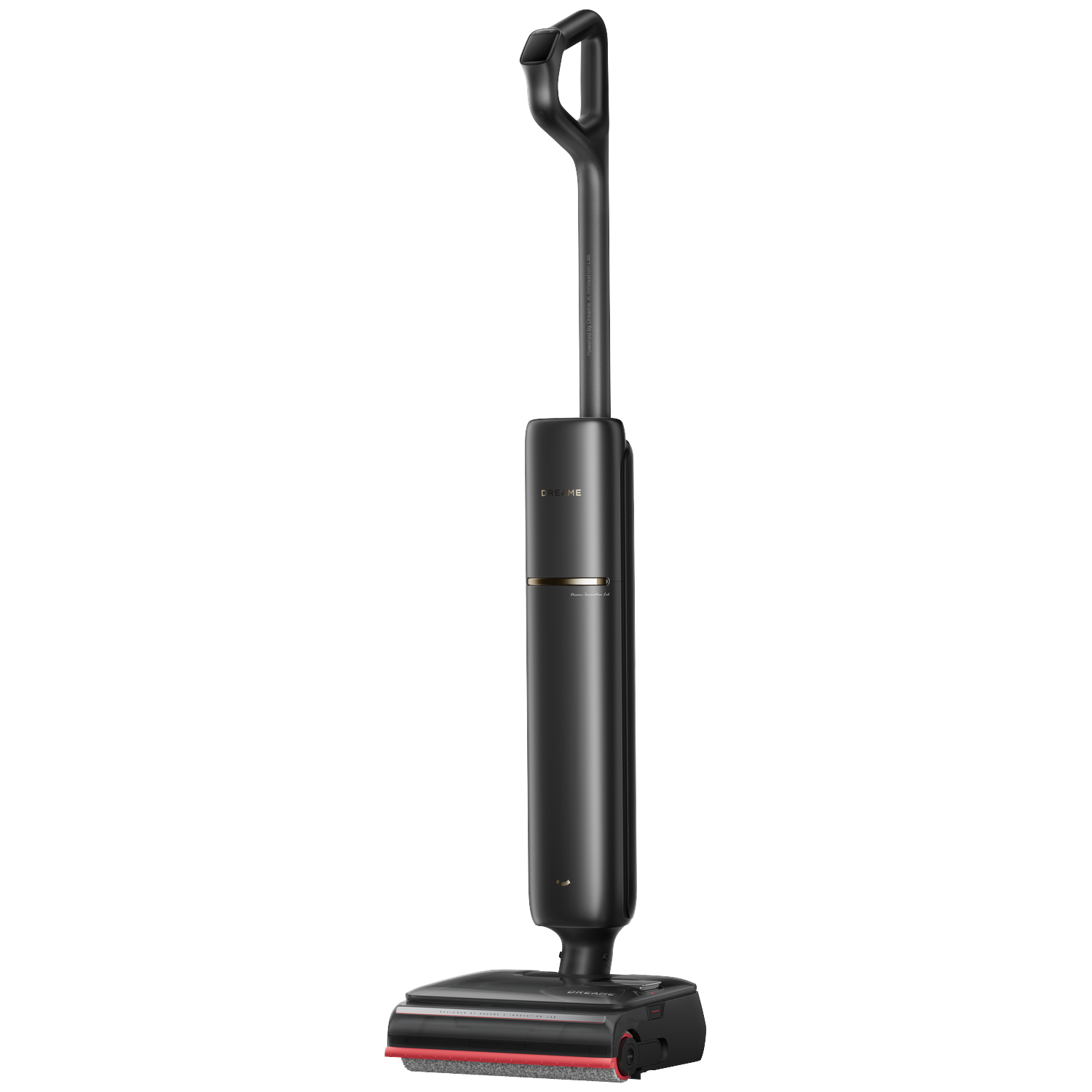 A black, sleek vacuum cleaner with a handle and brush head.