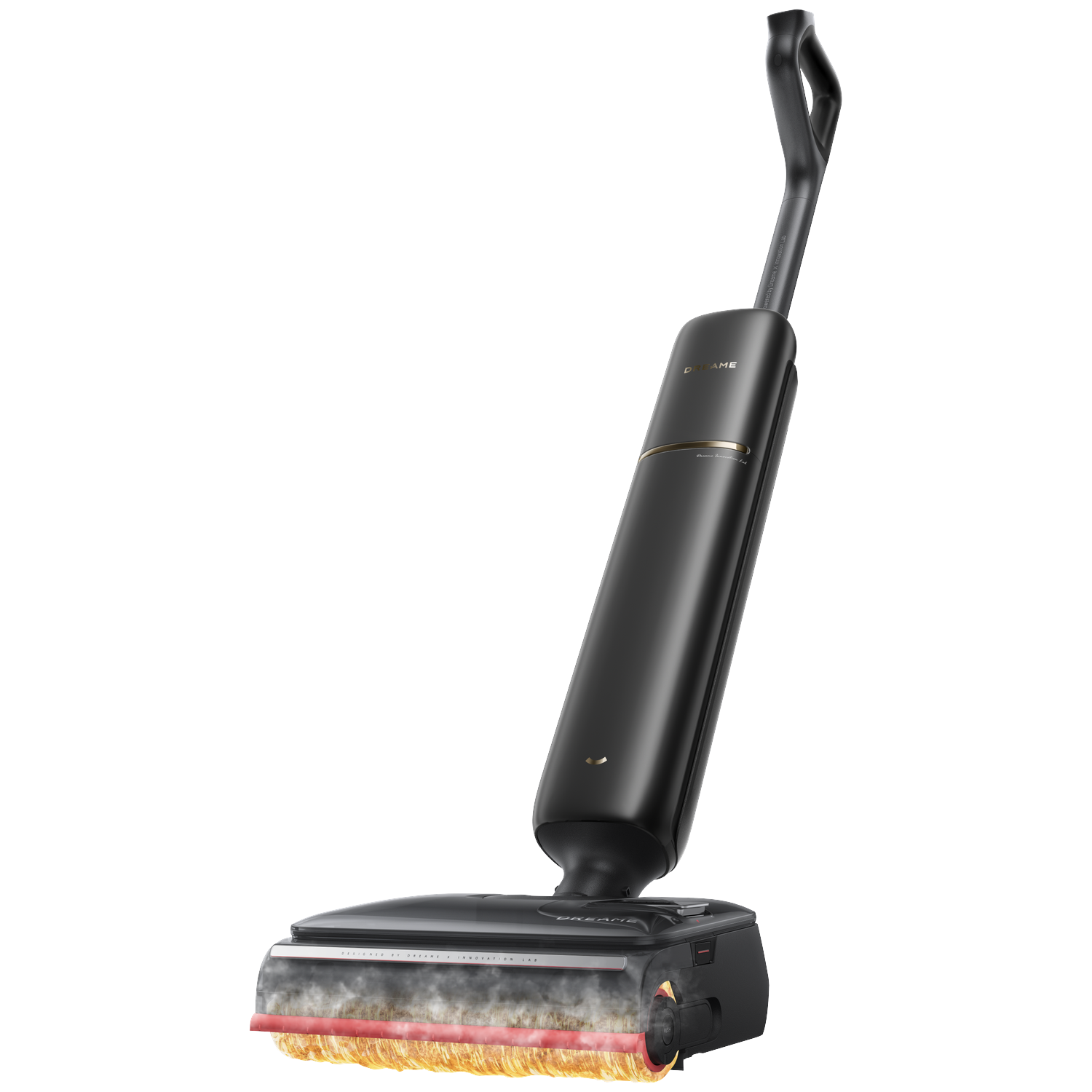 A black wet dry vacuum with a rotating brush head emitting steam.