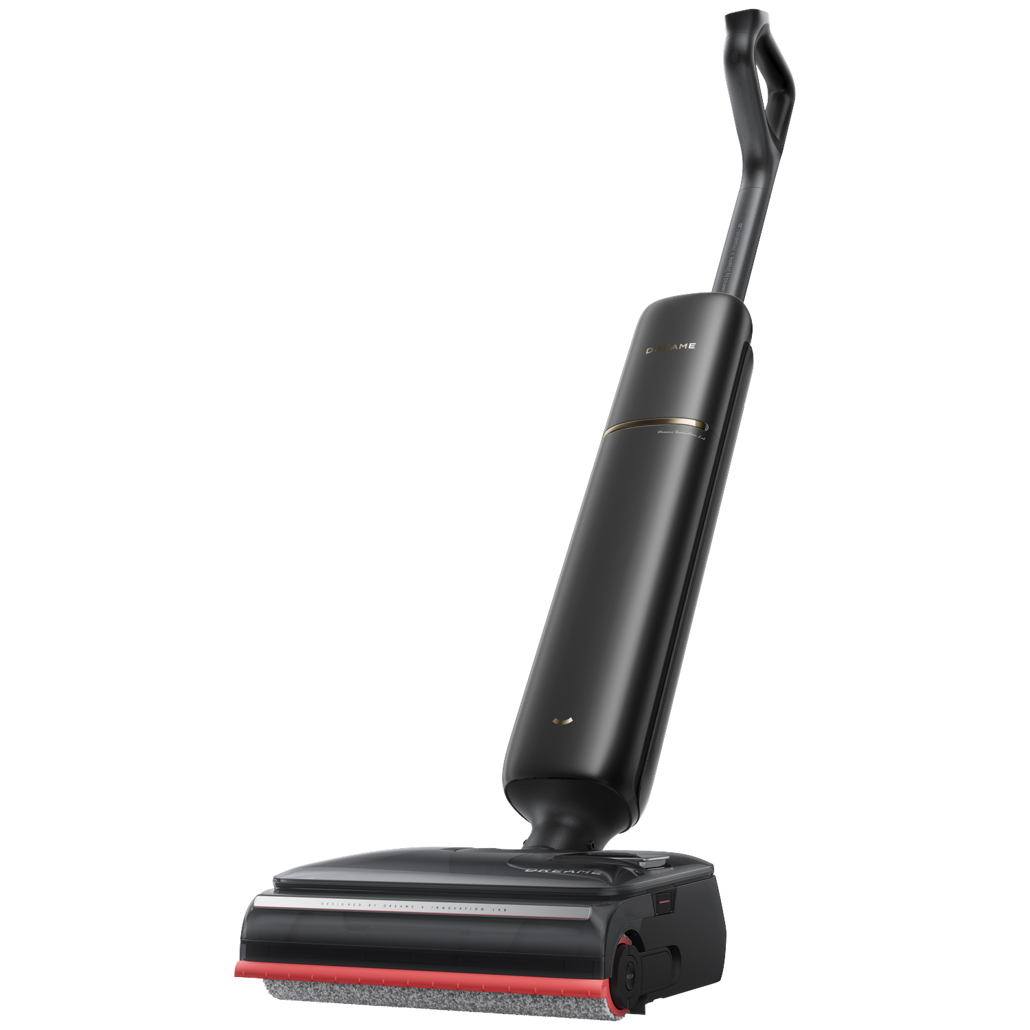 A black vacuum cleaner with a red accent and brush head.