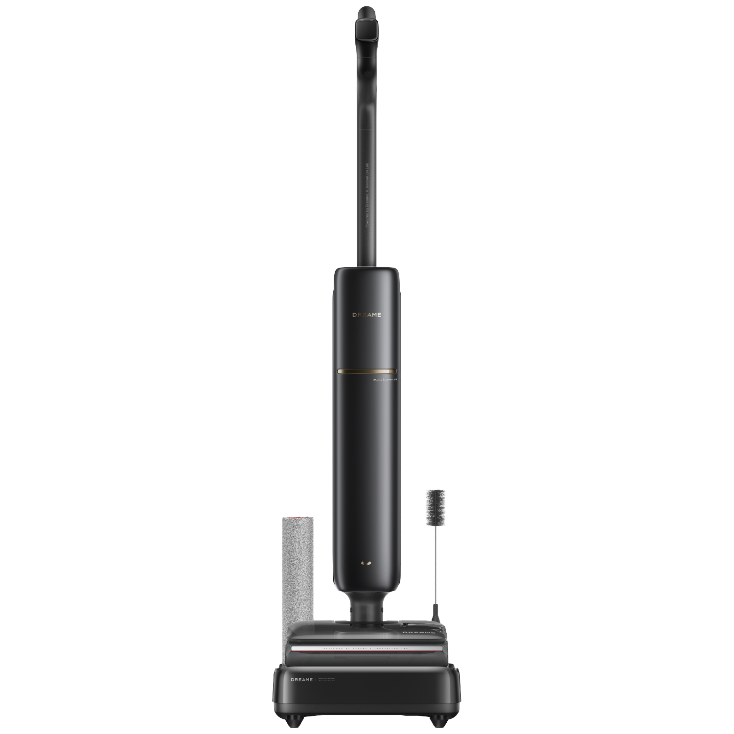 Black floor cleaner with accessories on a white background.