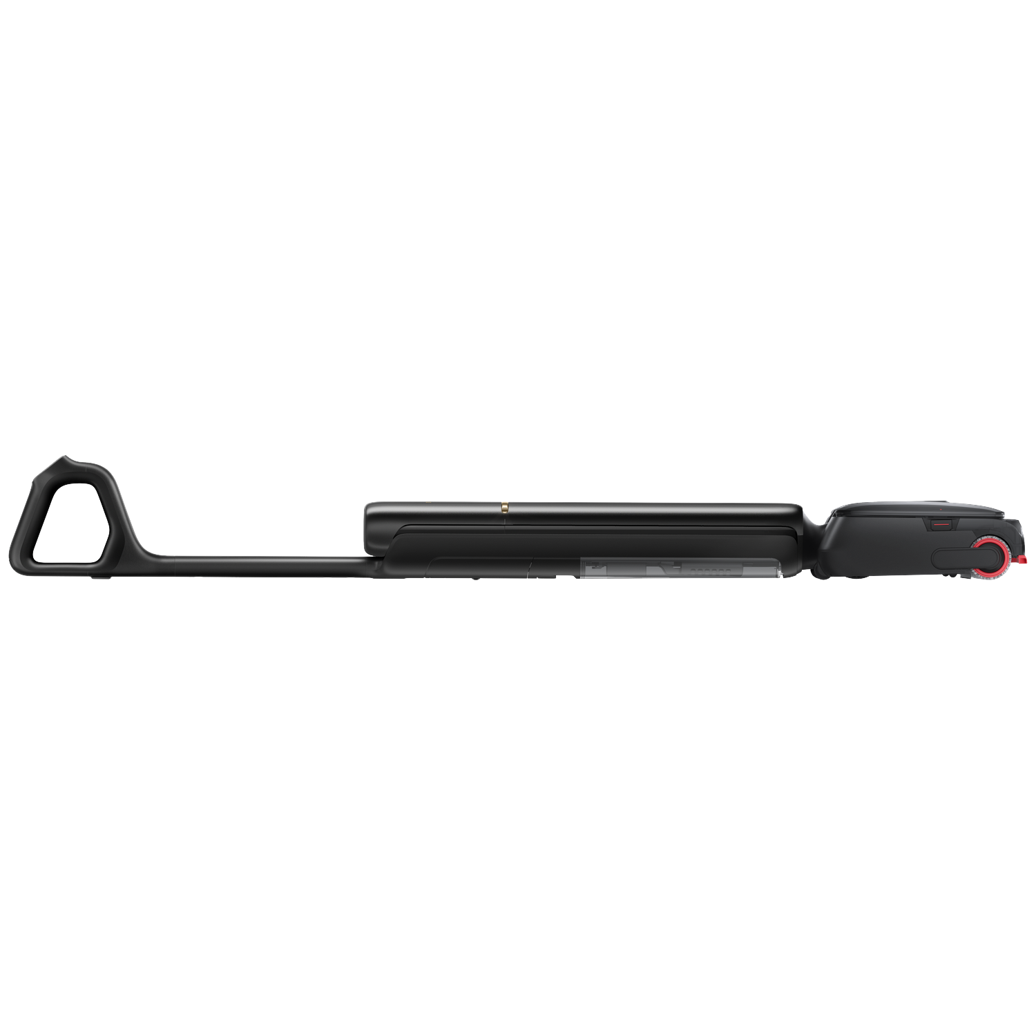 A black, futuristic device with a handle and a red dial on a white background.