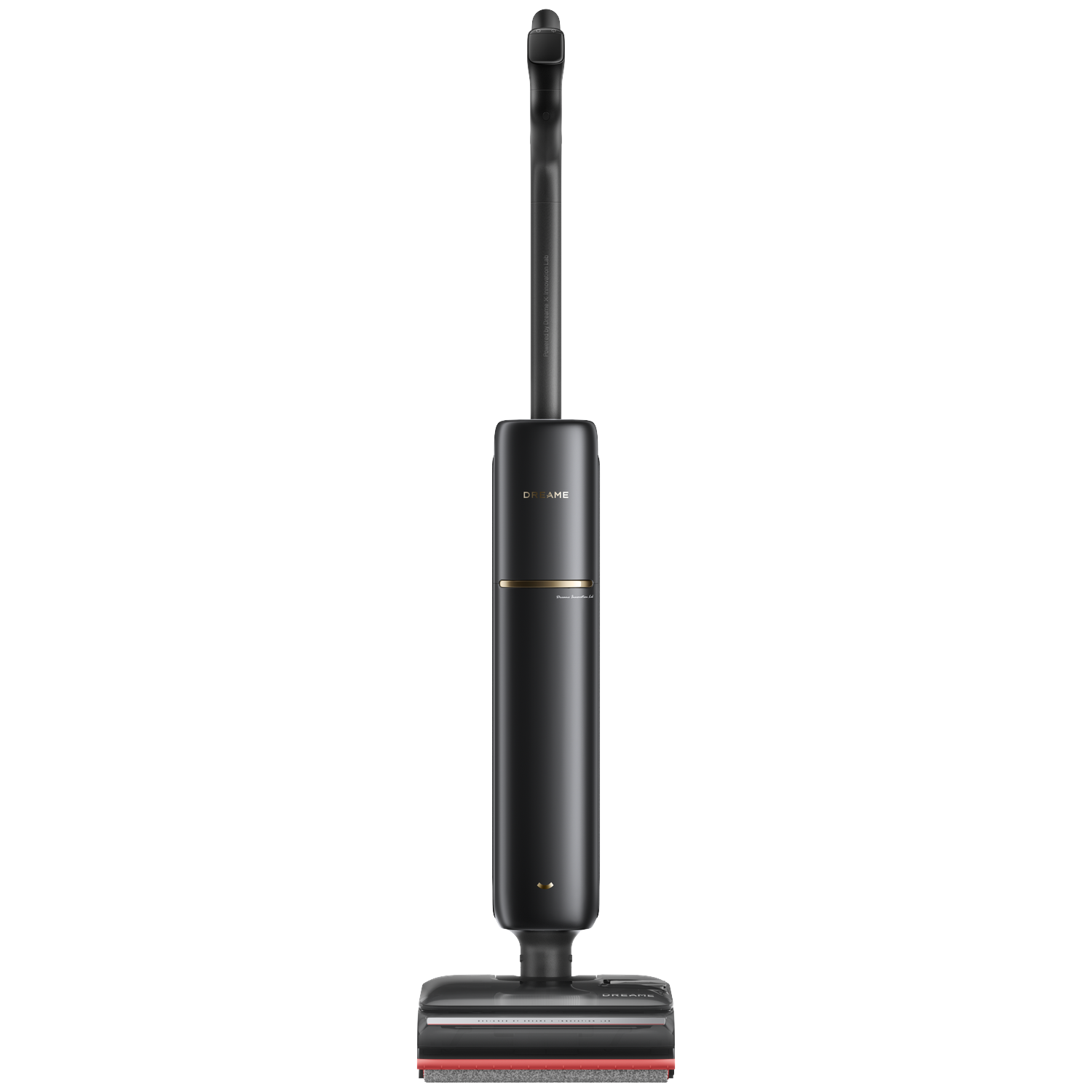 A black and grey stick vacuum cleaner with a red brush roll, standing upright on a white background.