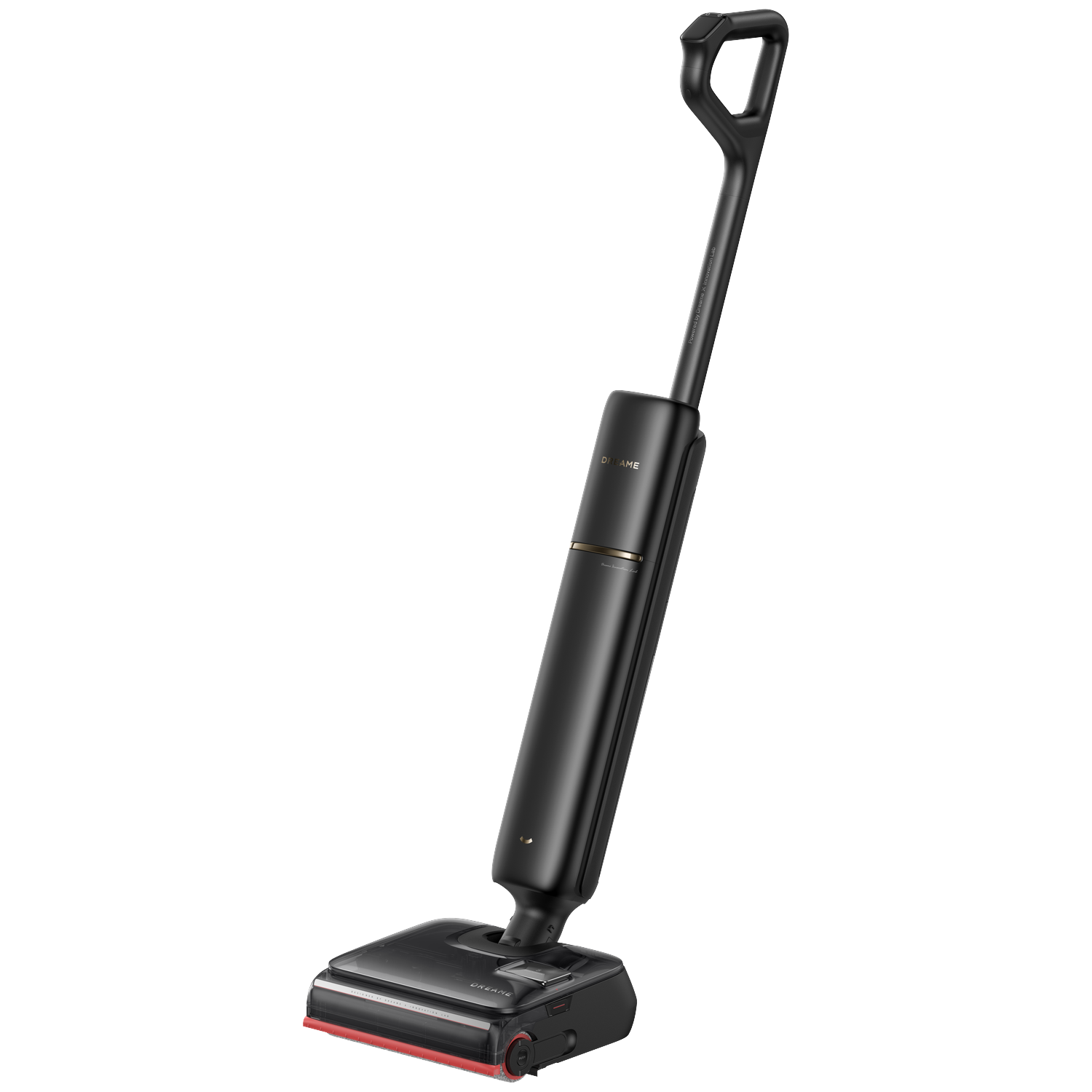 A black cordless stick vacuum cleaner with a red accent on the brush head.
