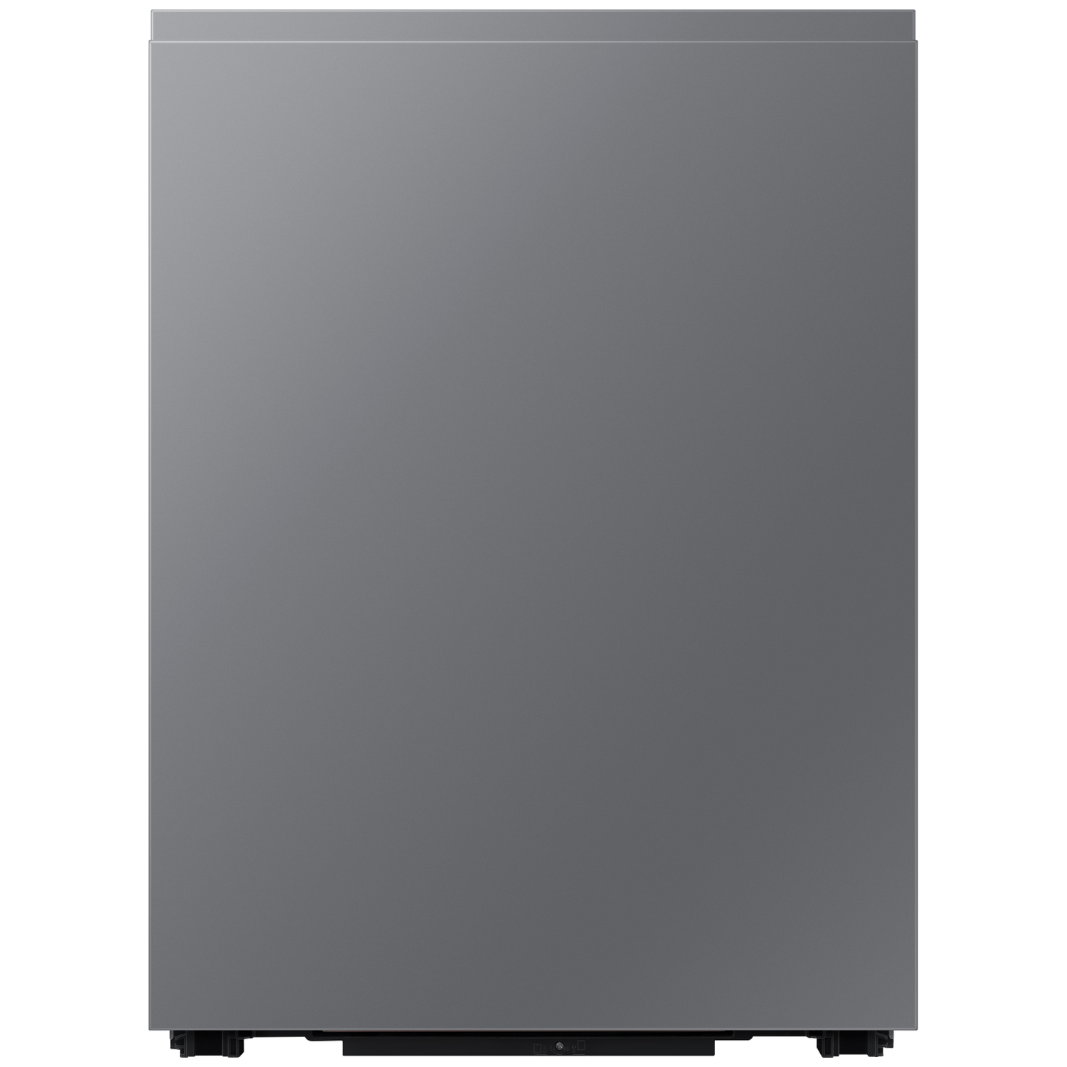 A gray refrigerator with a black base and wheels.