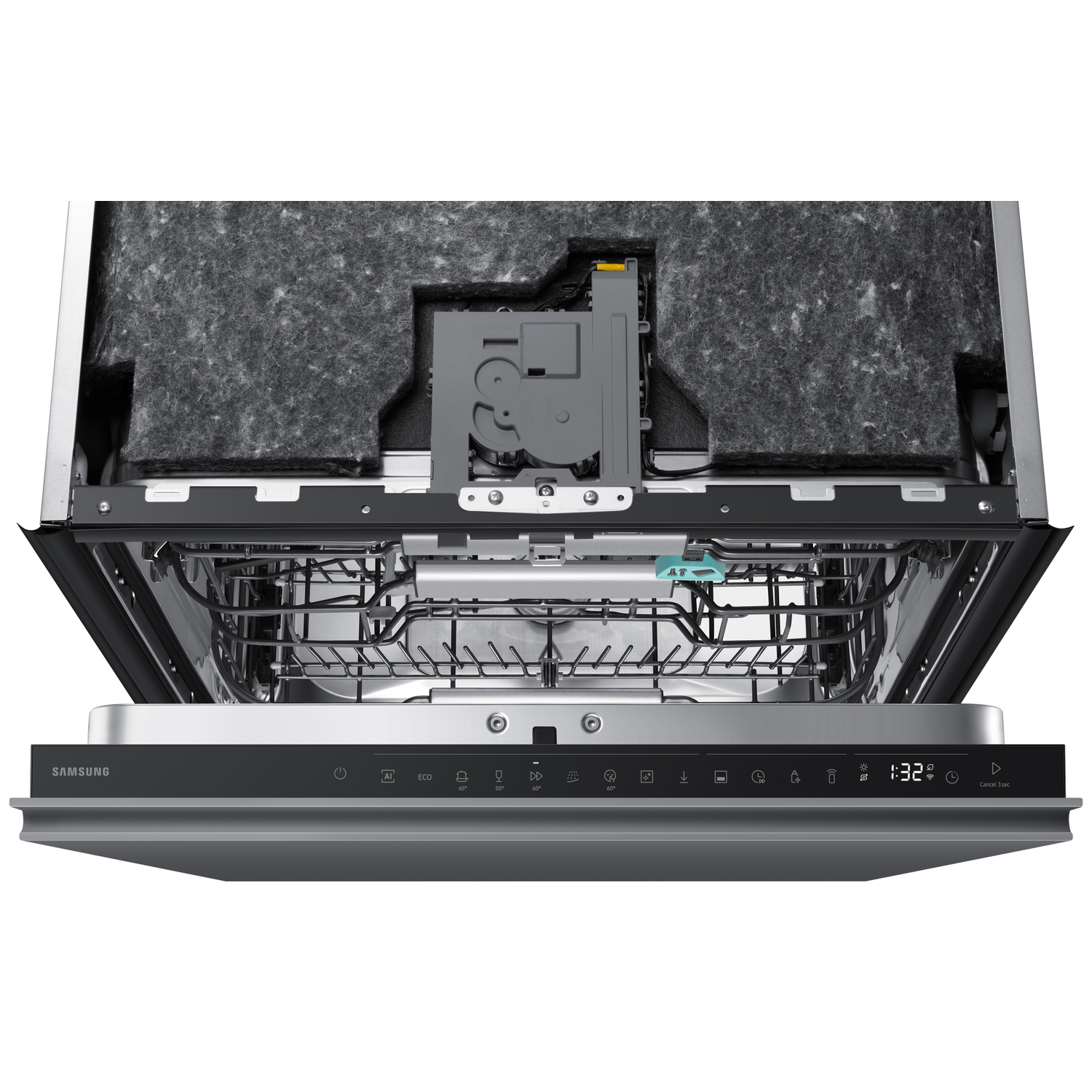 Front view of an open dishwasher with a dark gray control panel displaying 