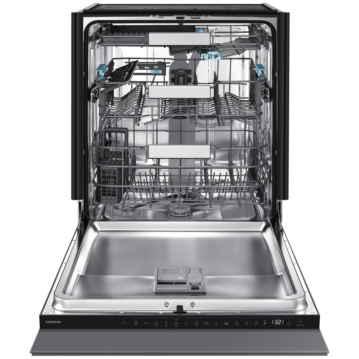An open Samsung dishwasher, dark gray and silver, with two pull-out racks and a control panel visible at the bottom.