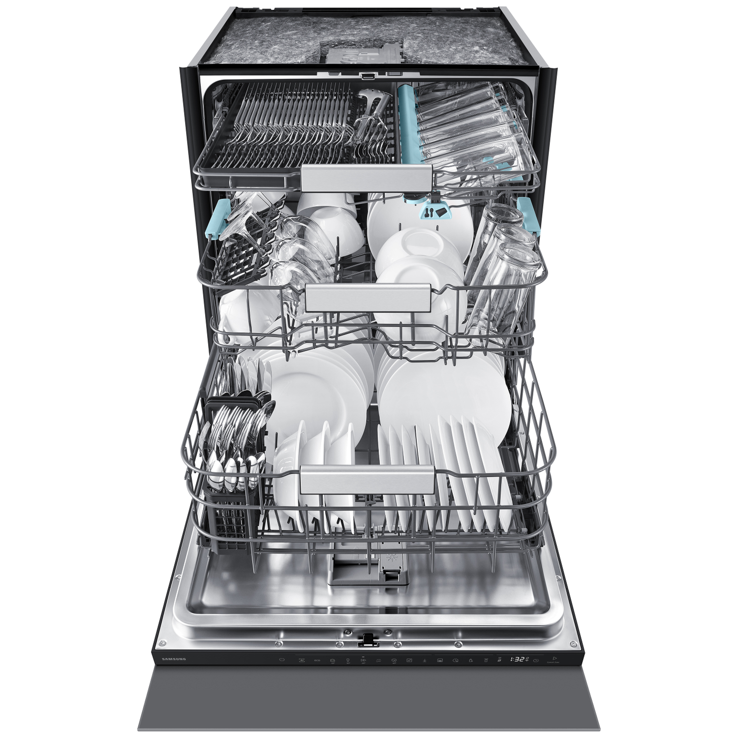 An open dishwasher with two racks filled with white dishes, glasses, and cutlery.