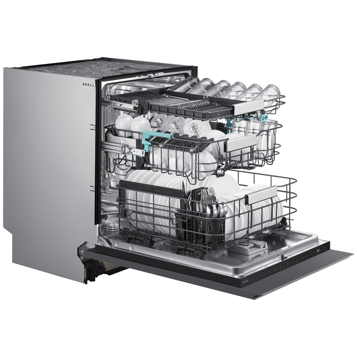 An open silver dishwasher with two racks full of white plates and glasses.