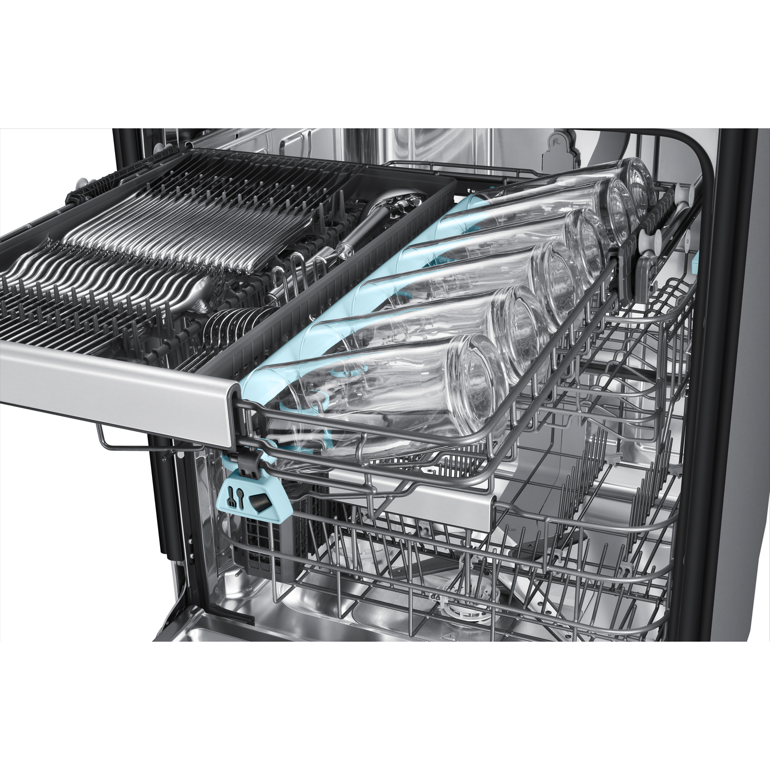 Inside view of an open dishwasher with cutlery basket and glasses on the upper rack.