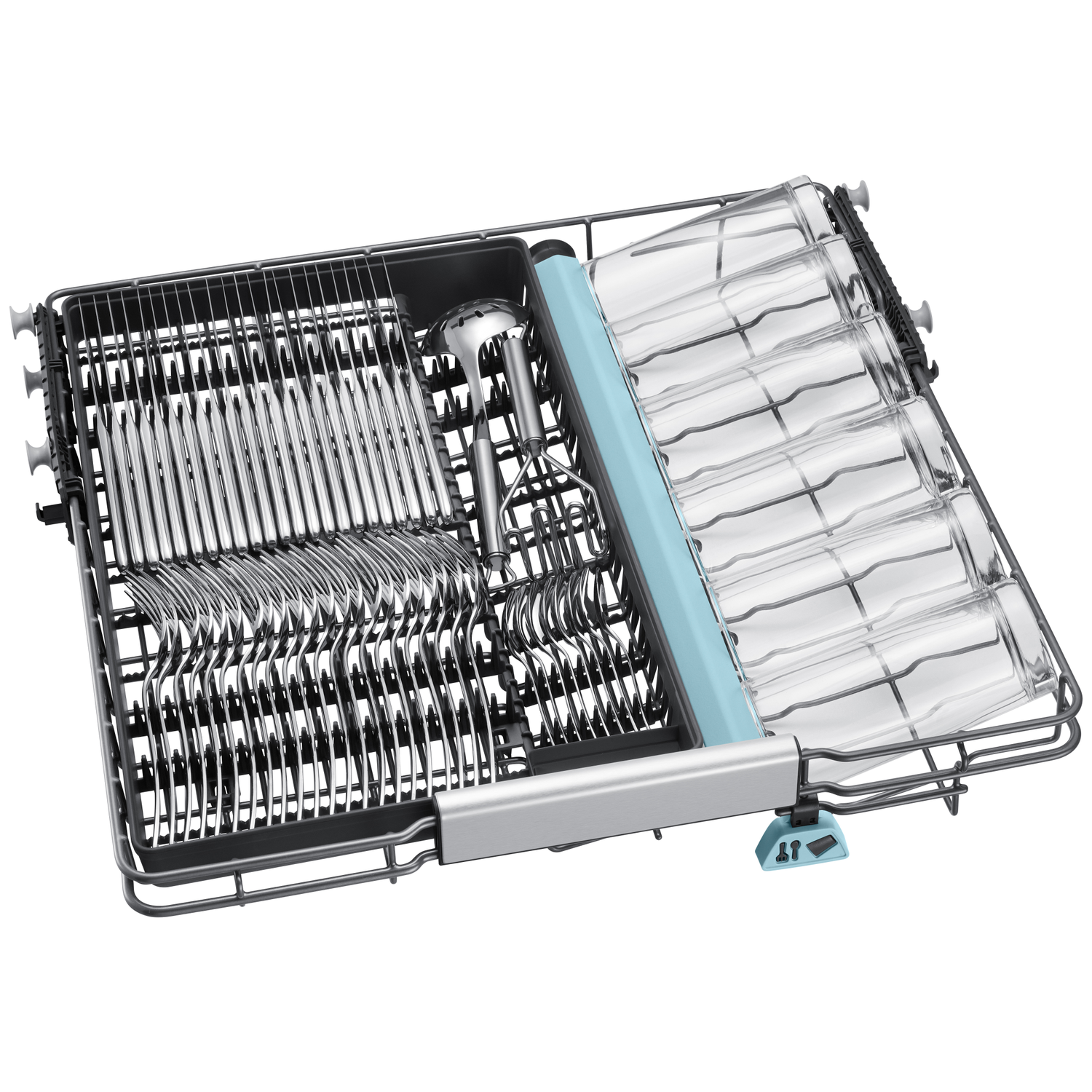 Dishwasher upper rack with cutlery and glasses.
