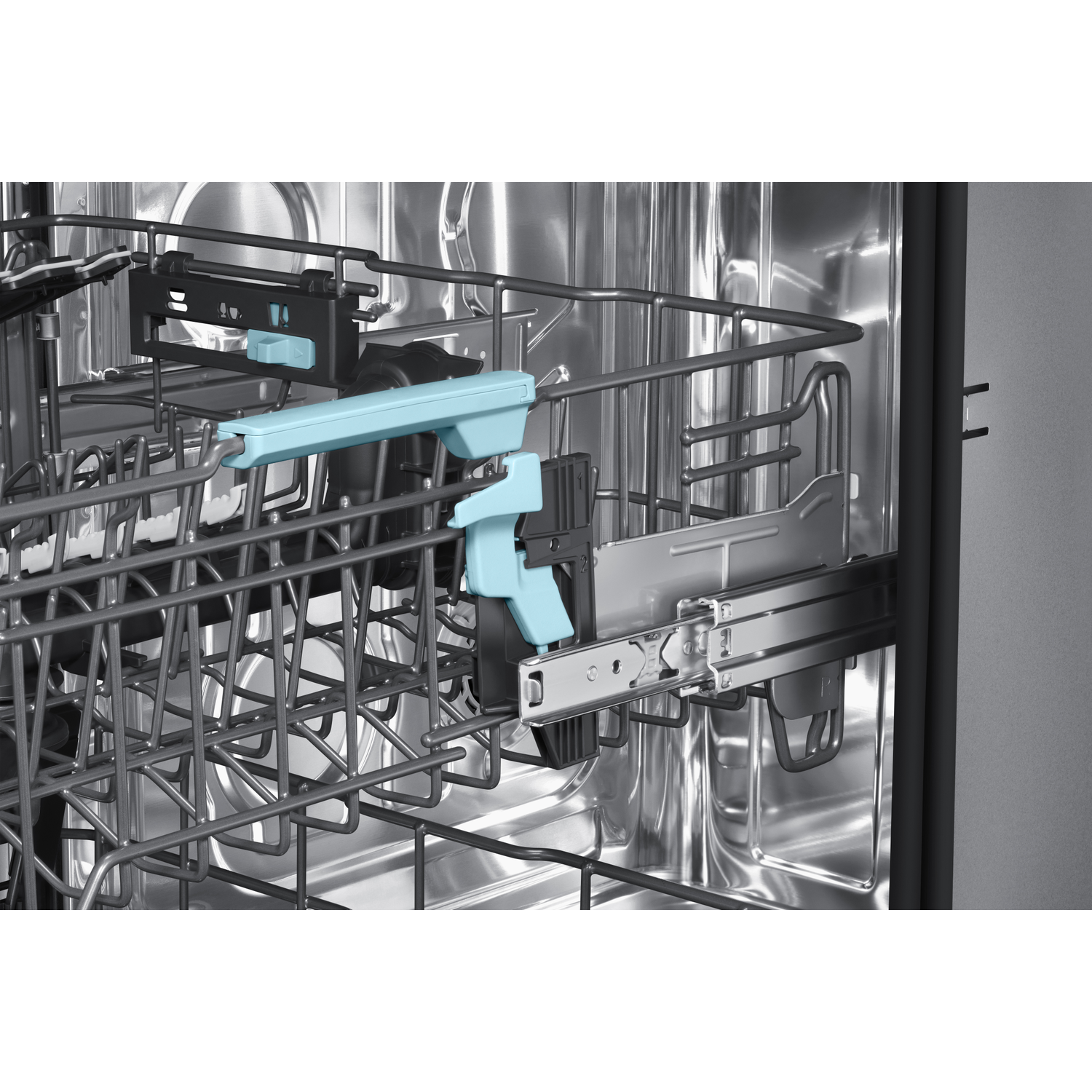 Interior view of a dishwasher with a blue holding clip and a wire rack.